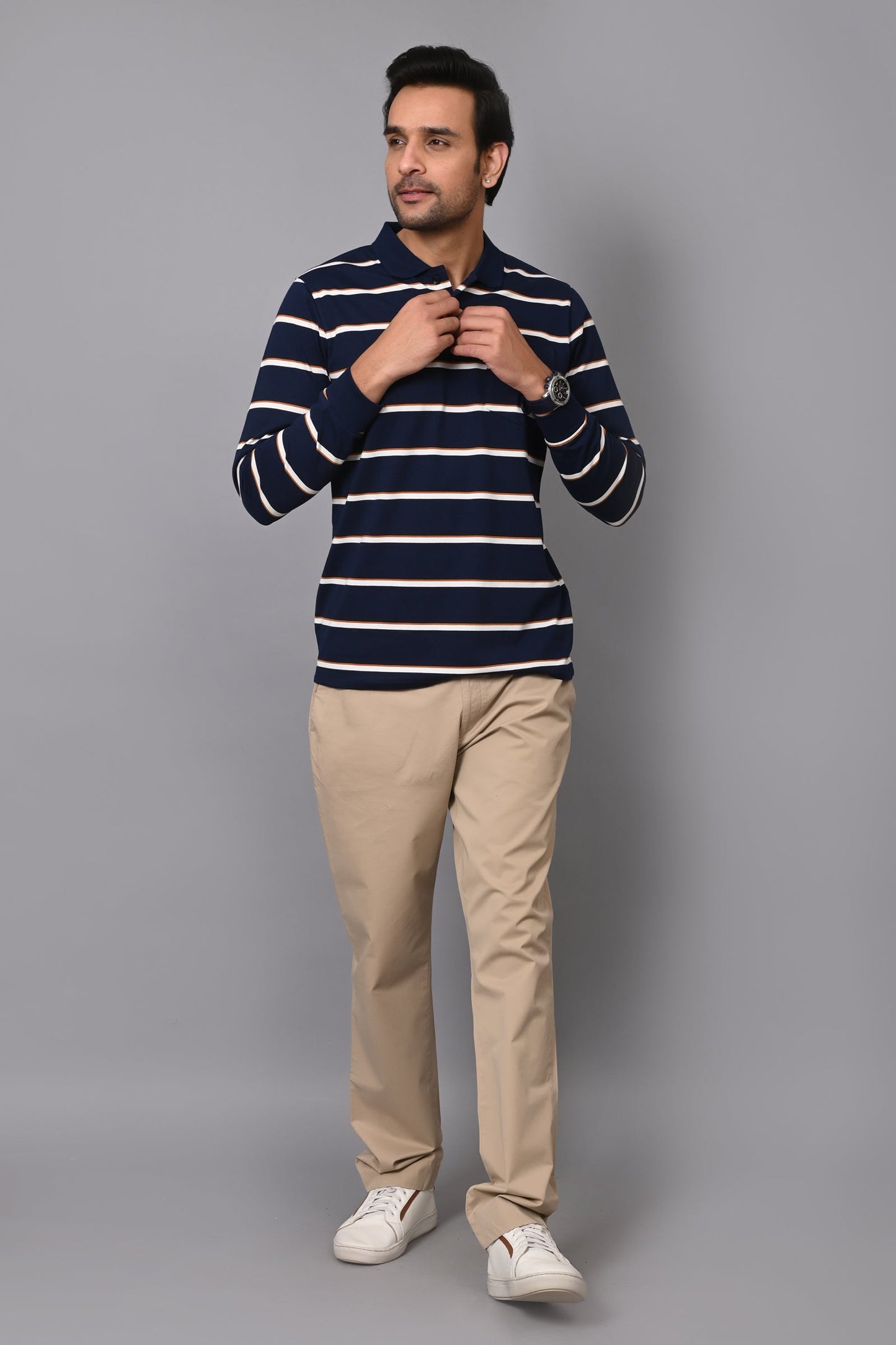 Arbour Men Polo Neck Stripes Pocket Full Sleeves T-Shirt