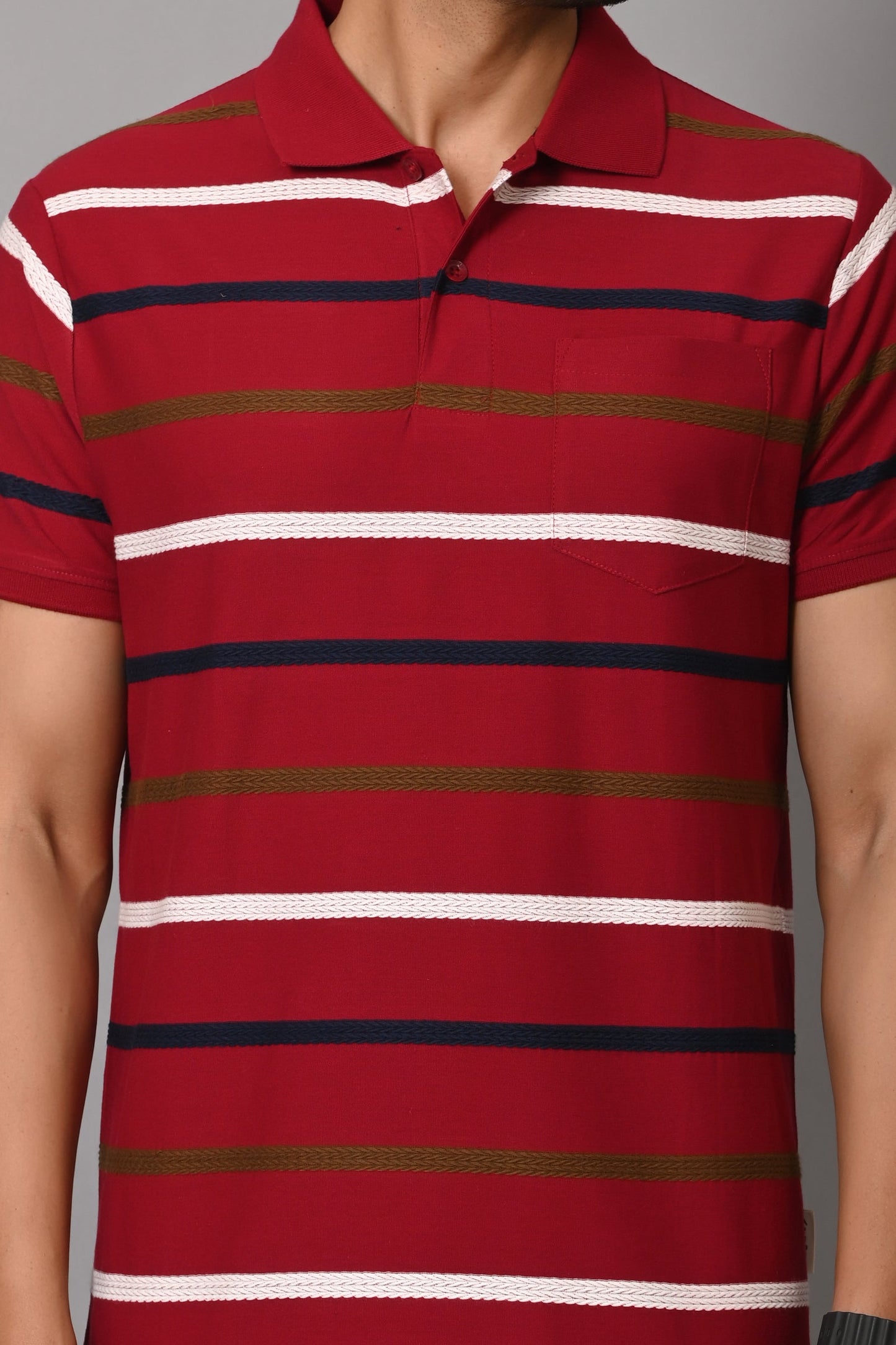 Arbour Men Collar Neck Stripes Pocket Casual Half Sleeves T-Shirt