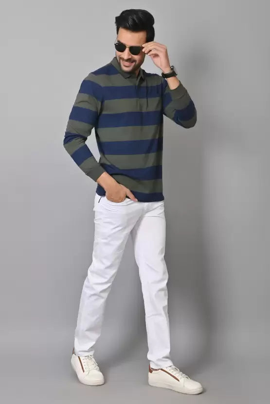 Arbour Men Polo Neck Pocket Stripes Full Sleeves T-Shirt