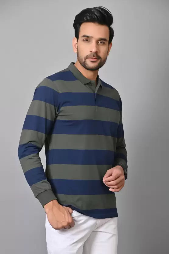 Arbour Men Polo Neck Pocket Stripes Full Sleeves T-Shirt