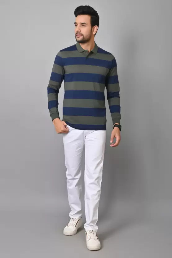 Arbour Men Polo Neck Pocket Stripes Full Sleeves T-Shirt