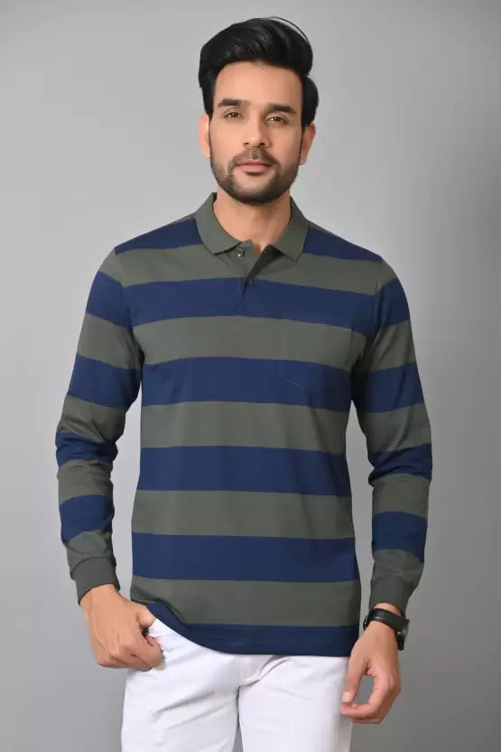 Arbour Men Polo Neck Pocket Stripes Full Sleeves T-Shirt