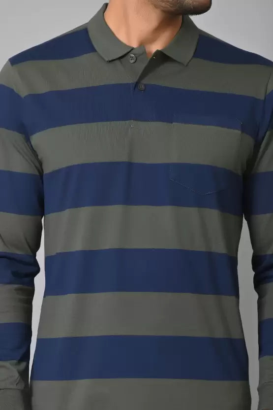 Arbour Men Polo Neck Pocket Stripes Full Sleeves T-Shirt