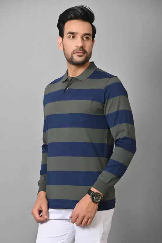 Arbour Men Polo Neck Pocket Stripes Full Sleeves T-Shirt