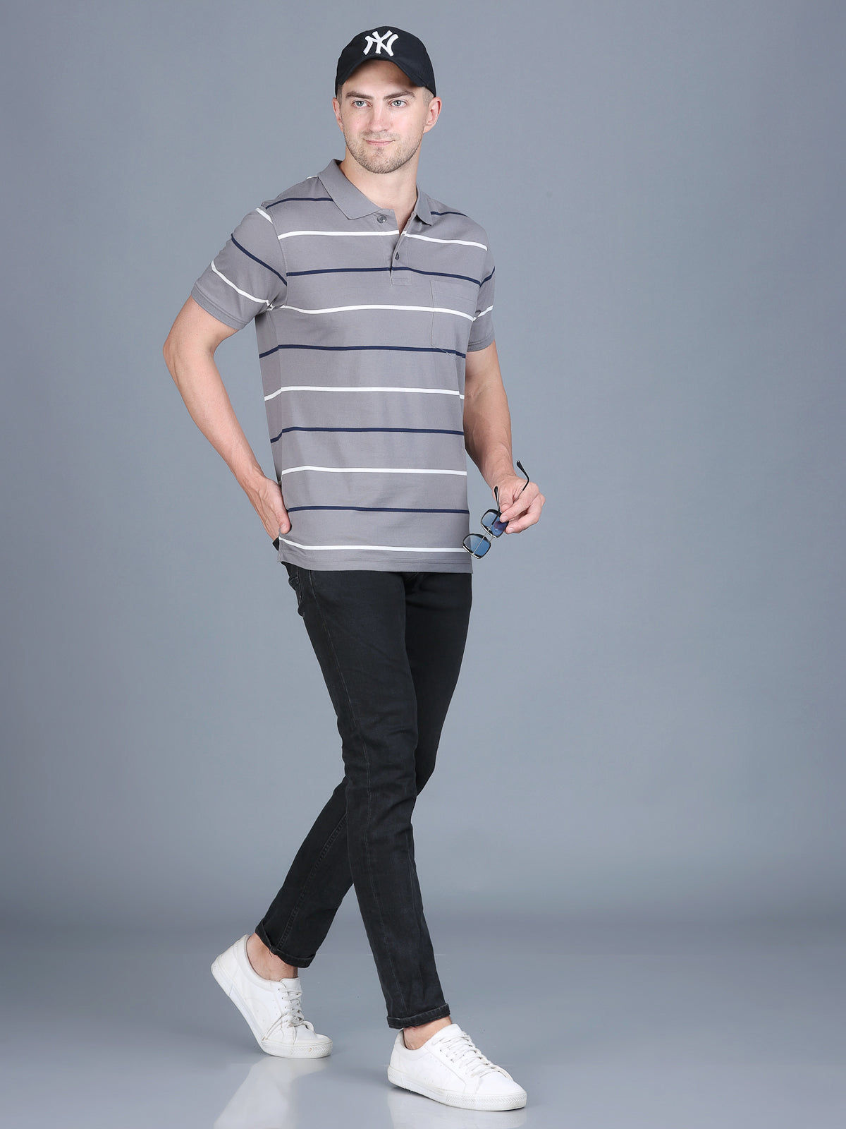 Arbour Men Polo Neck Stripes Pocket Half Sleeves T-Shirt