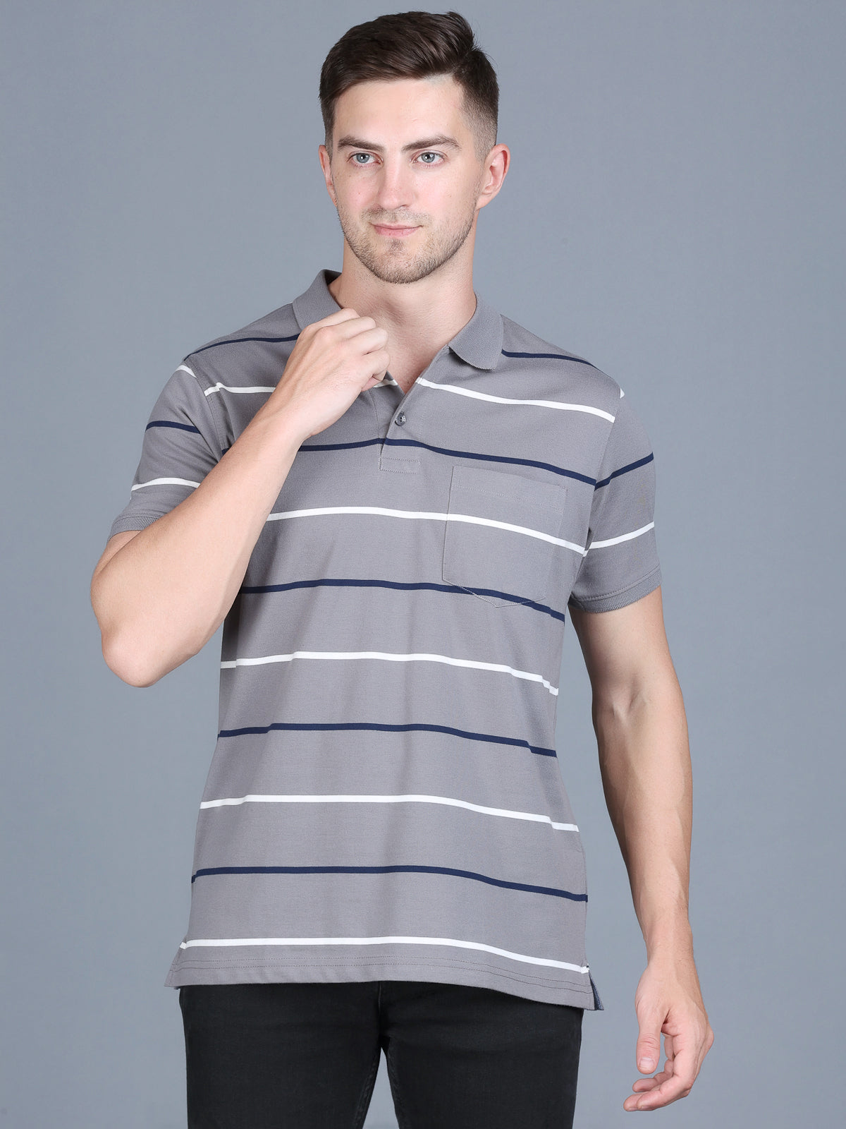 Arbour Men Polo Neck Stripes Pocket Half Sleeves T-Shirt