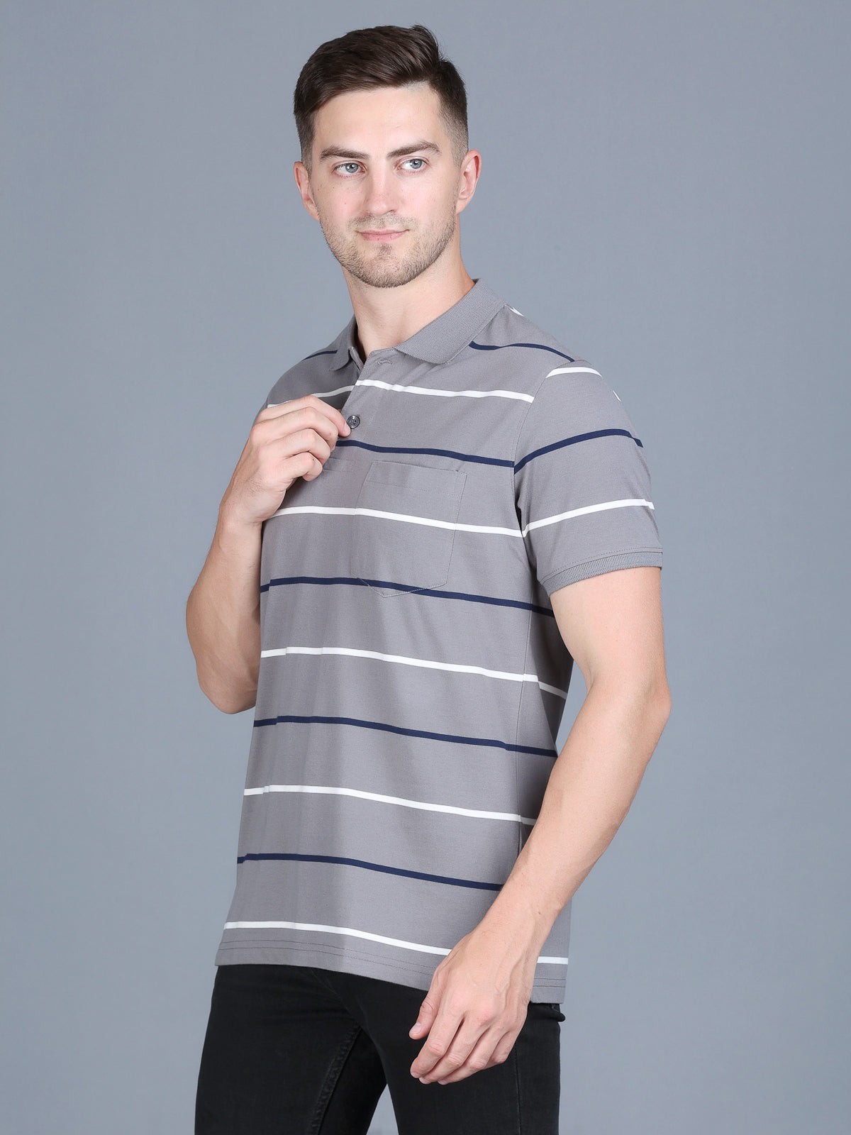 Arbour Men Polo Neck Stripes Pocket Half Sleeves T-Shirt