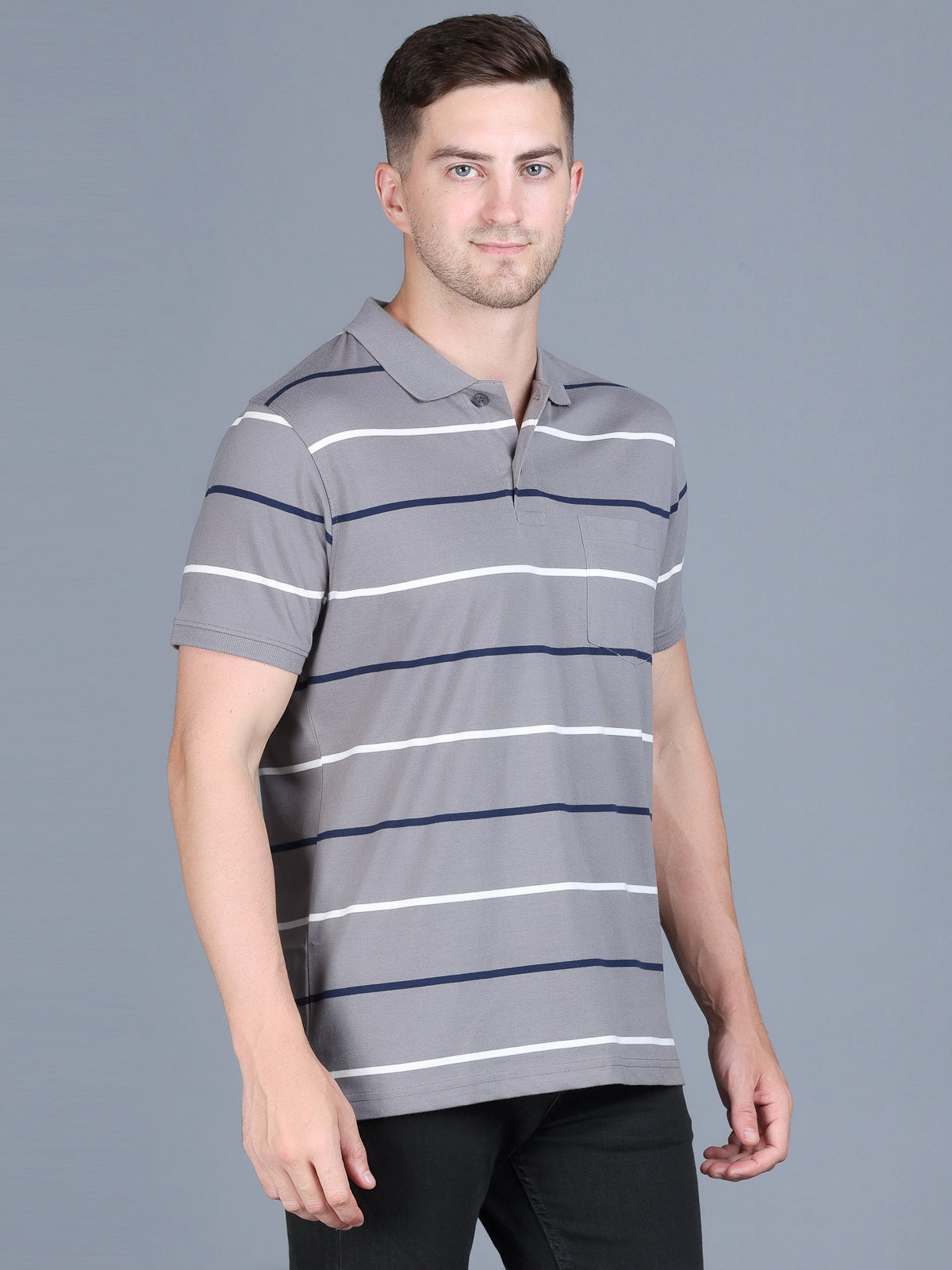 Arbour Men Polo Neck Stripes Pocket Half Sleeves T-Shirt