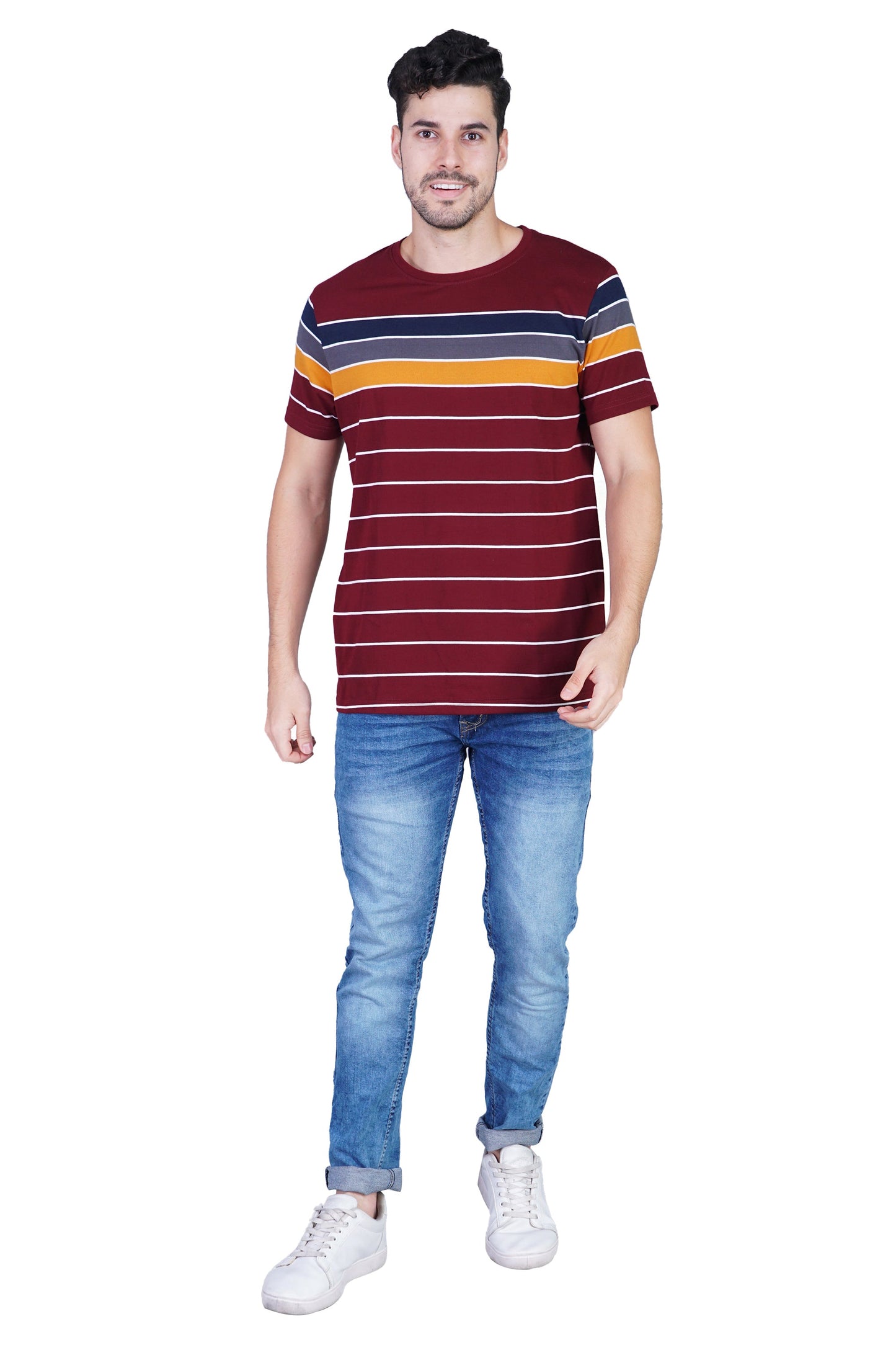 Arbour Men Striped Round Neck Cotton Blend Multicolor T-Shirt