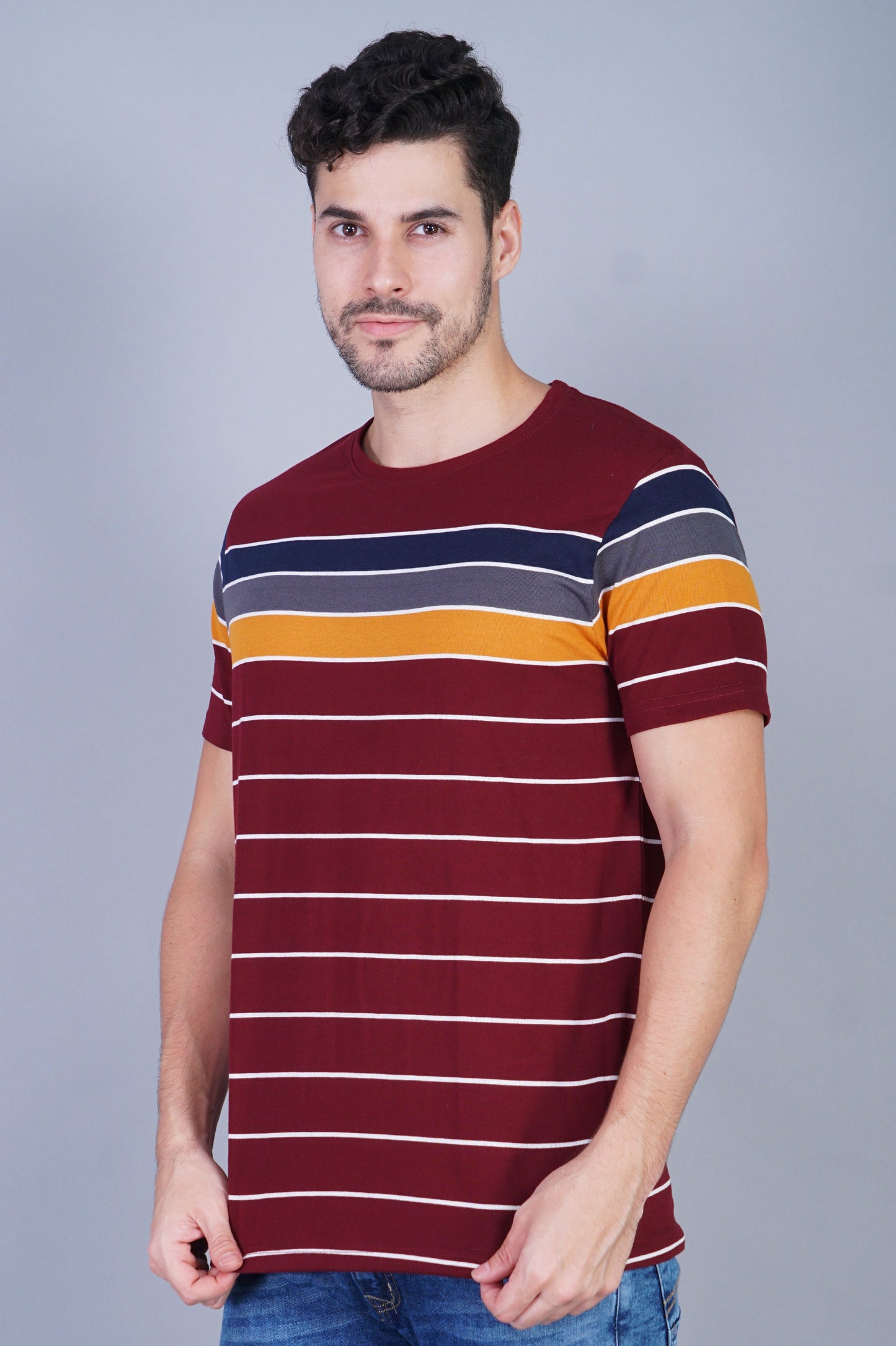 Arbour Men Striped Round Neck Cotton Blend Multicolor T-Shirt