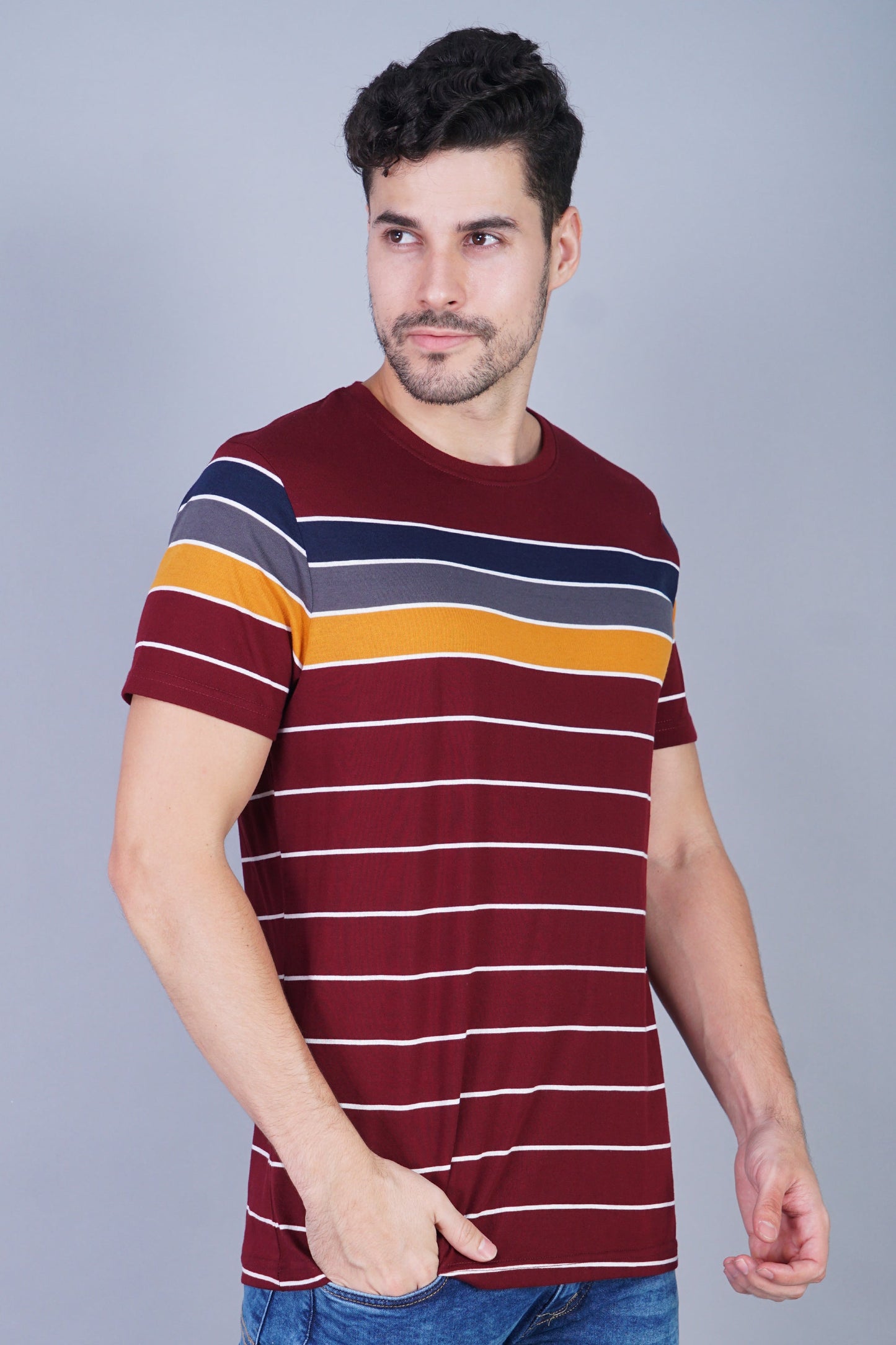 Arbour Men Striped Round Neck Cotton Blend Multicolor T-Shirt