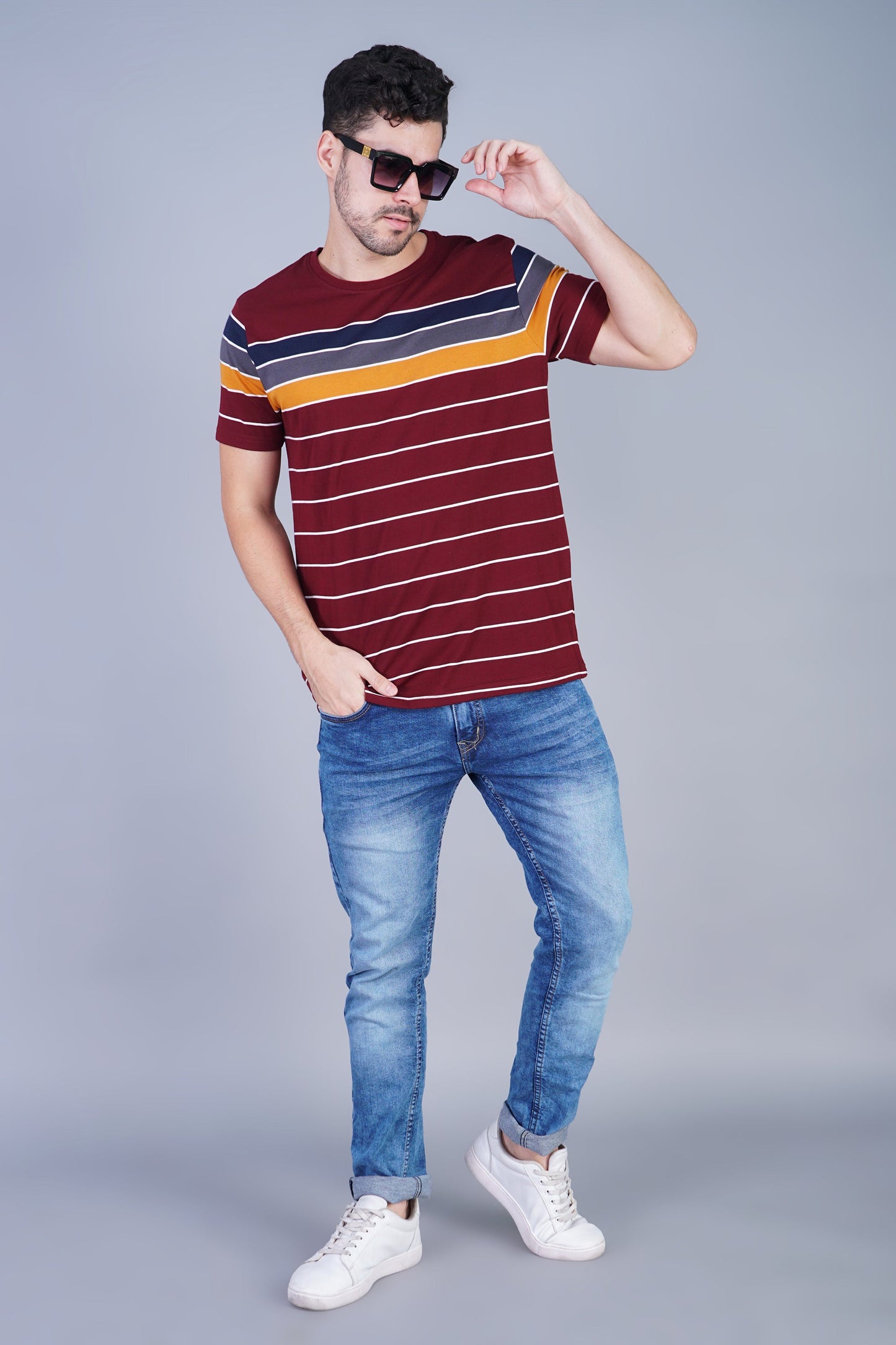 Arbour Men Striped Round Neck Cotton Blend Multicolor T-Shirt