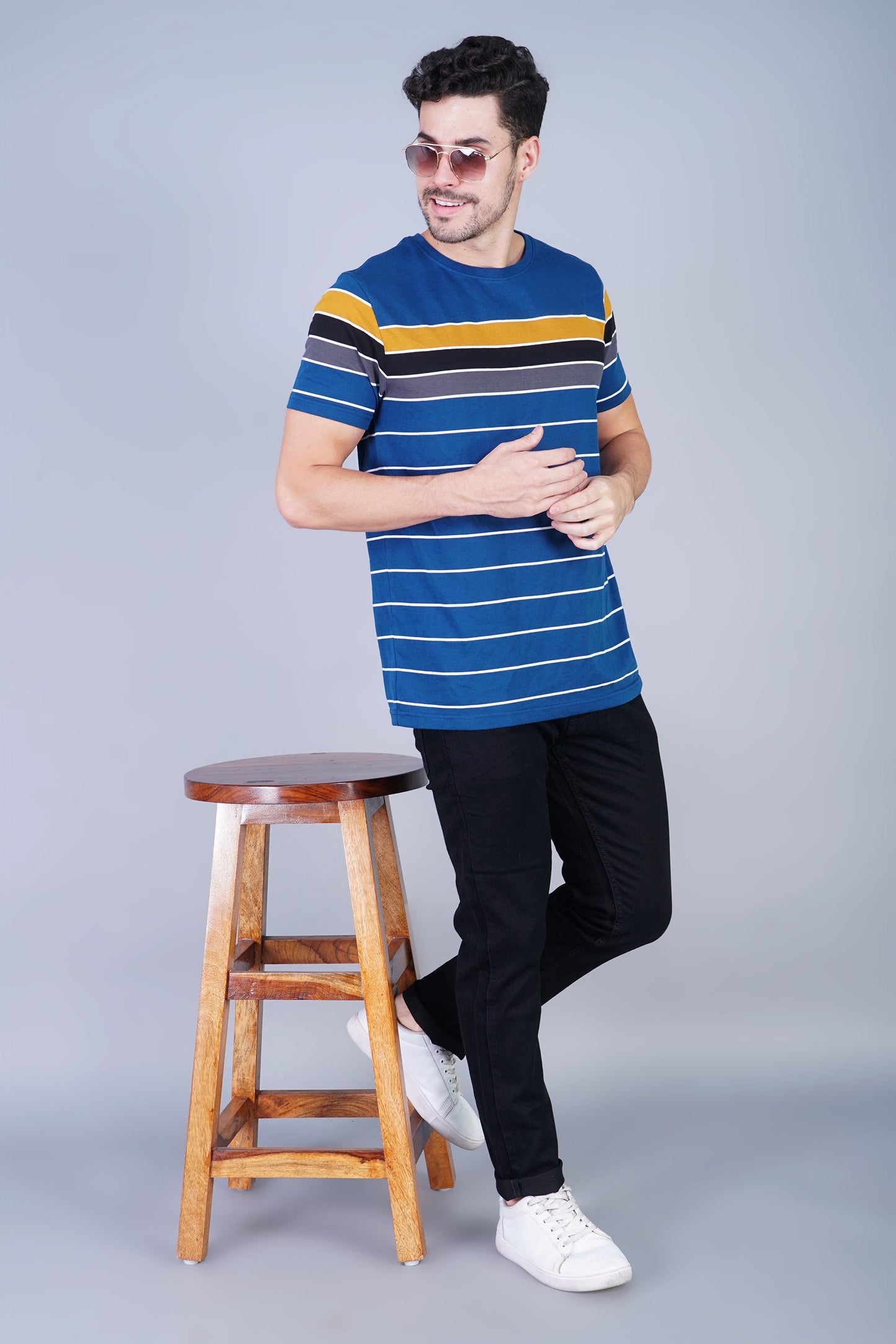 Arbour Men Striped Round Neck Cotton Blend Multicolor T-Shirt