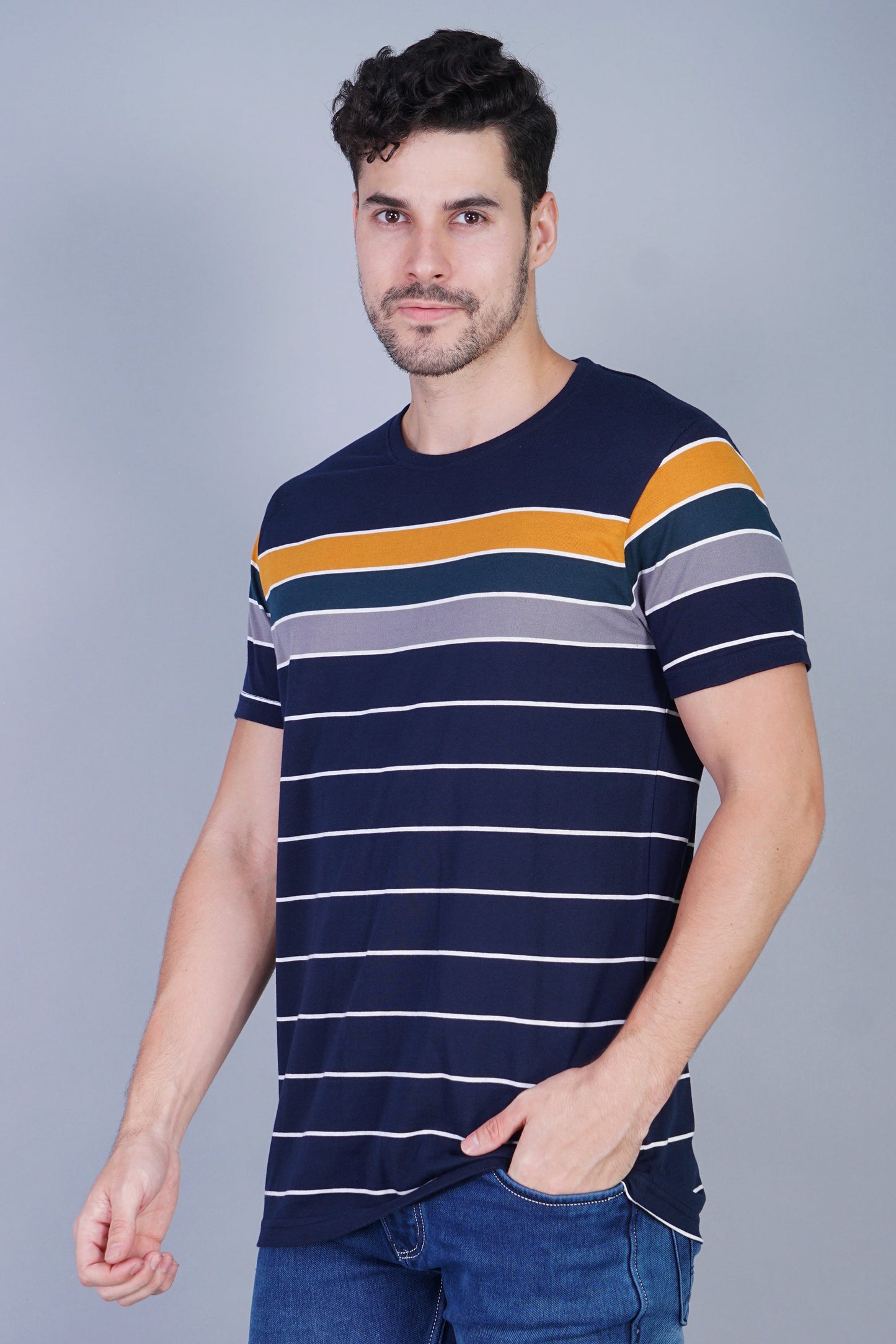 Arbour Men Striped Round Neck Cotton Blend Multicolor T-Shirt