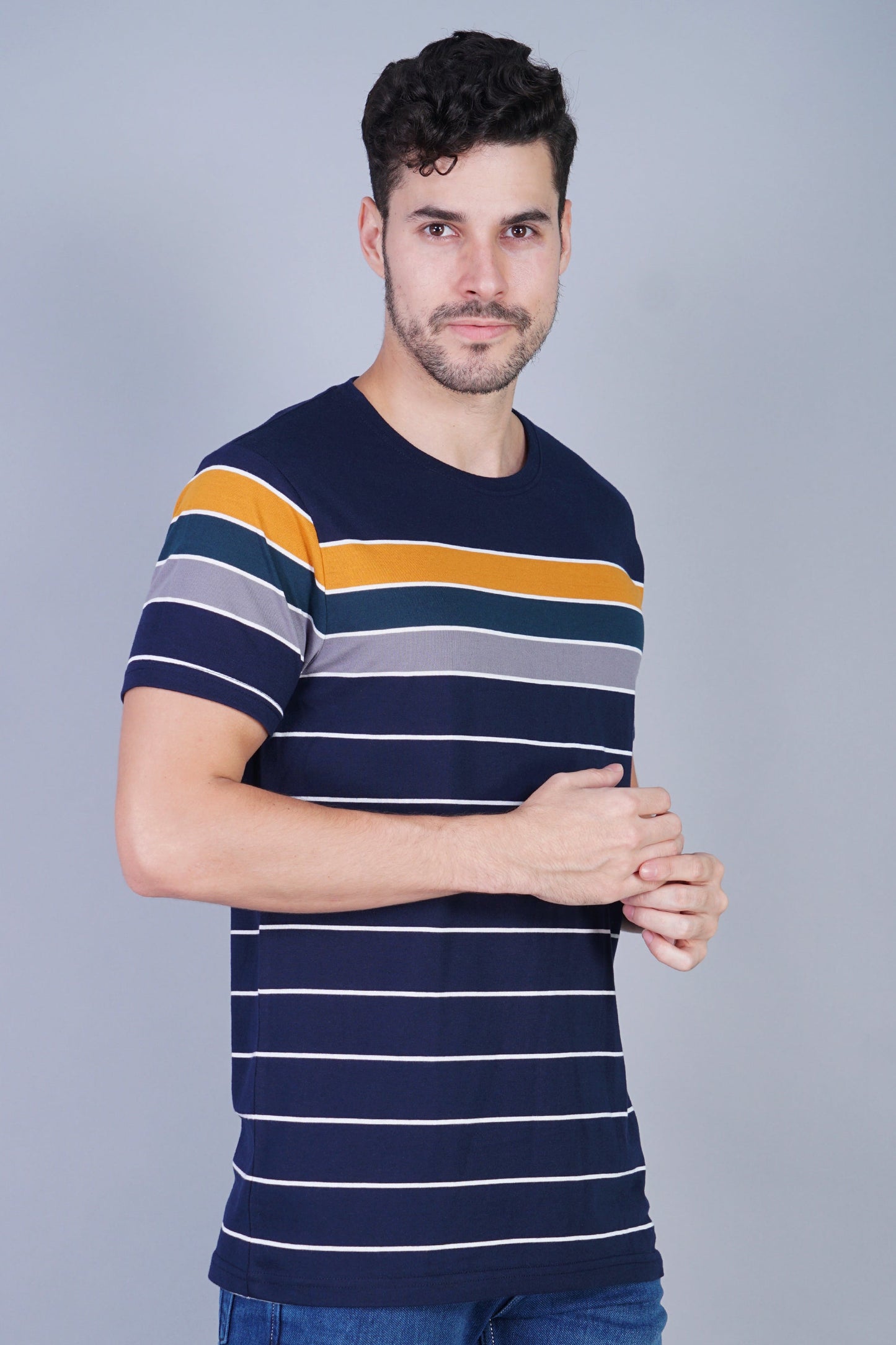 Arbour Men Striped Round Neck Cotton Blend Multicolor T-Shirt