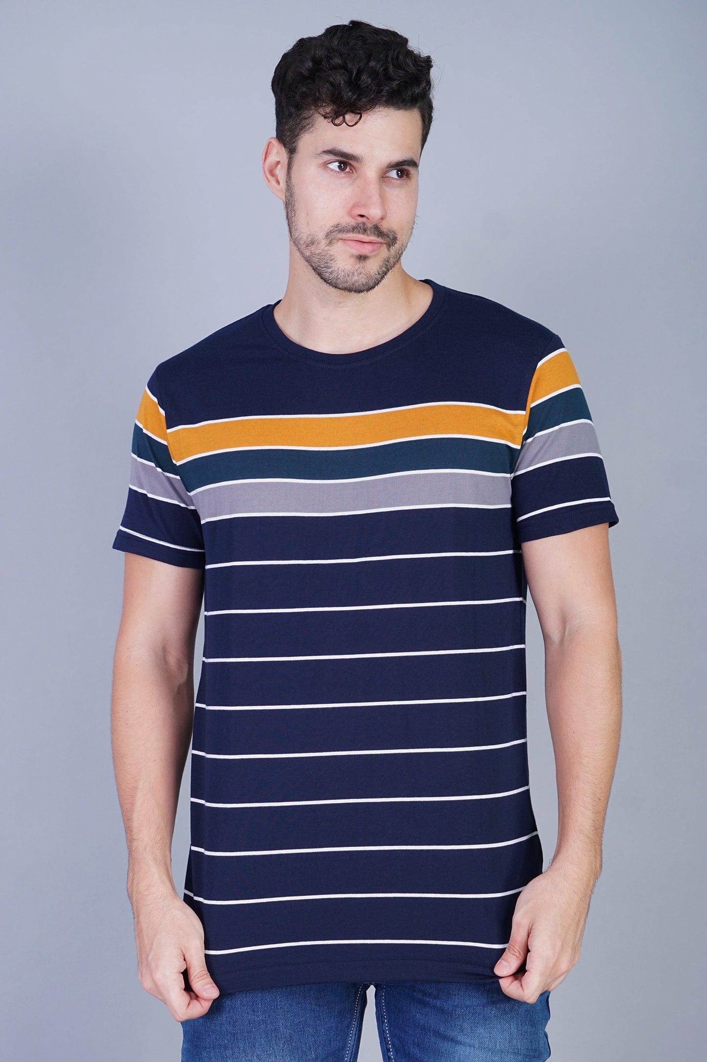 Arbour Men Striped Round Neck Cotton Blend Multicolor T-Shirt