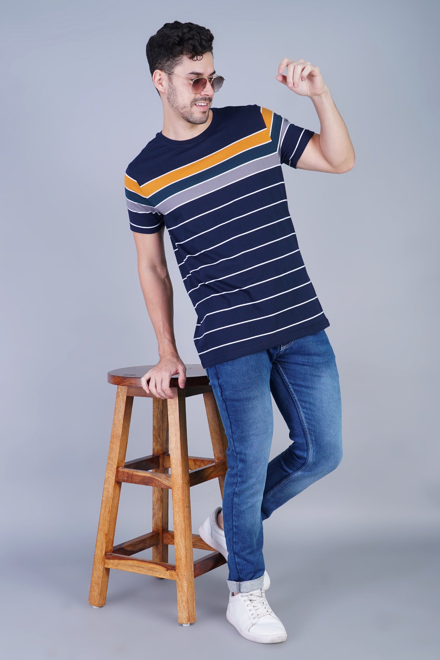 Arbour Men Striped Round Neck Cotton Blend Multicolor T-Shirt