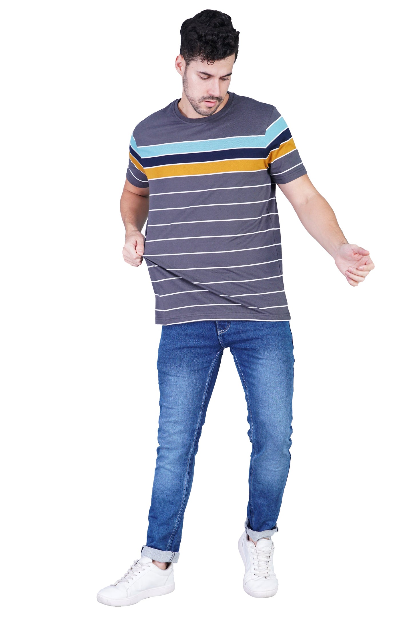 Arbour Men Striped Round Neck Cotton Blend Multicolor T-Shirt