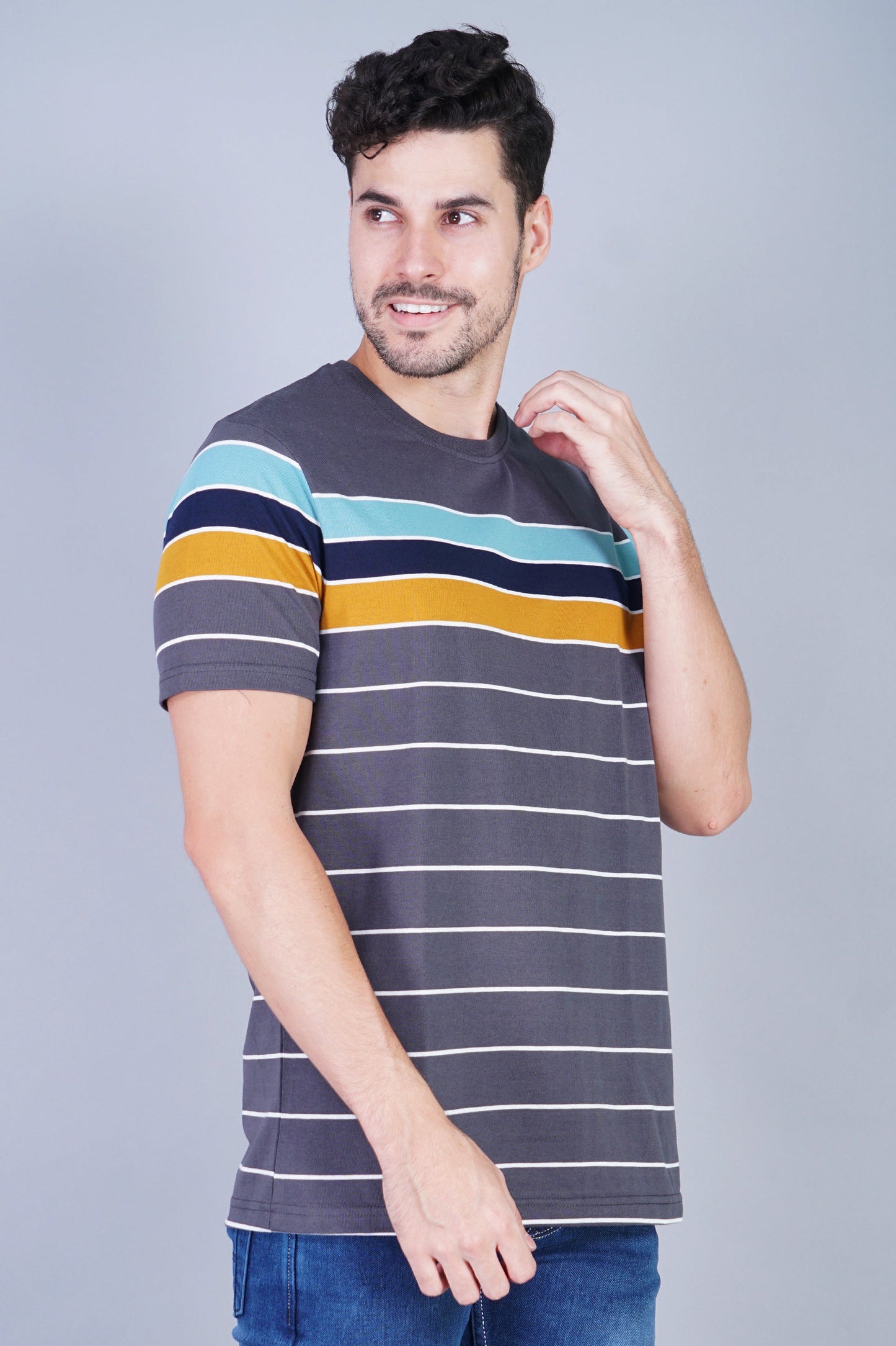 Arbour Men Striped Round Neck Cotton Blend Multicolor T-Shirt