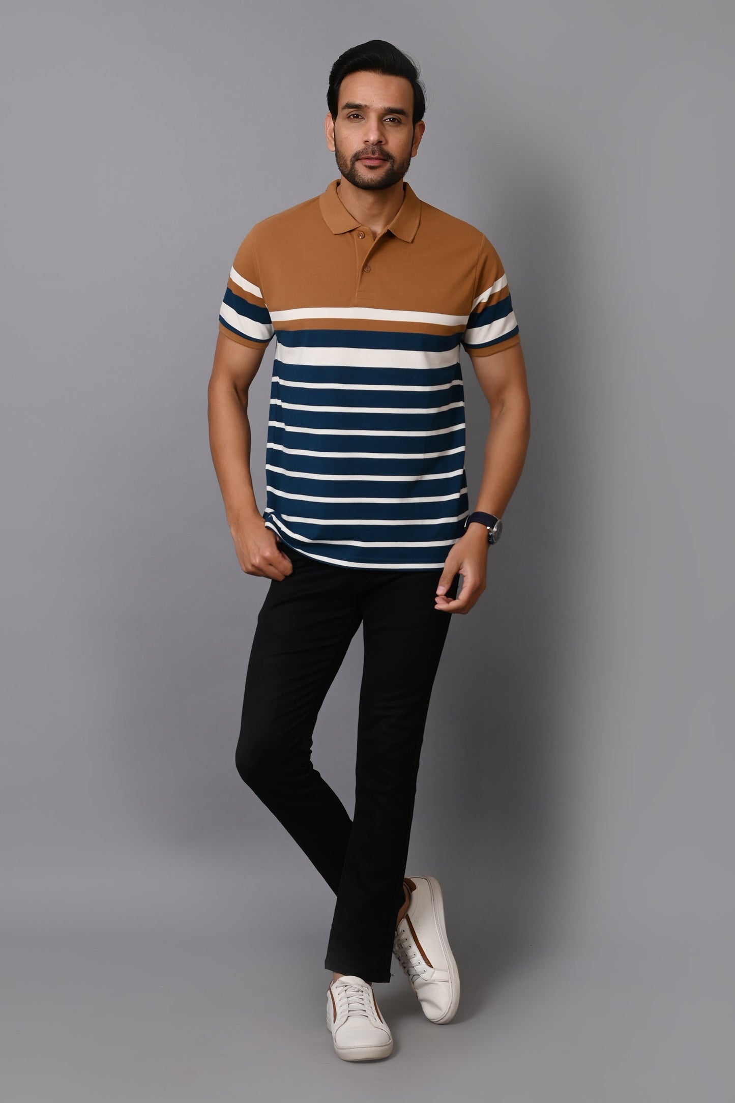 Arbour Men Stripes Polo Neck Cotton Blend Multicolour T-Shirt