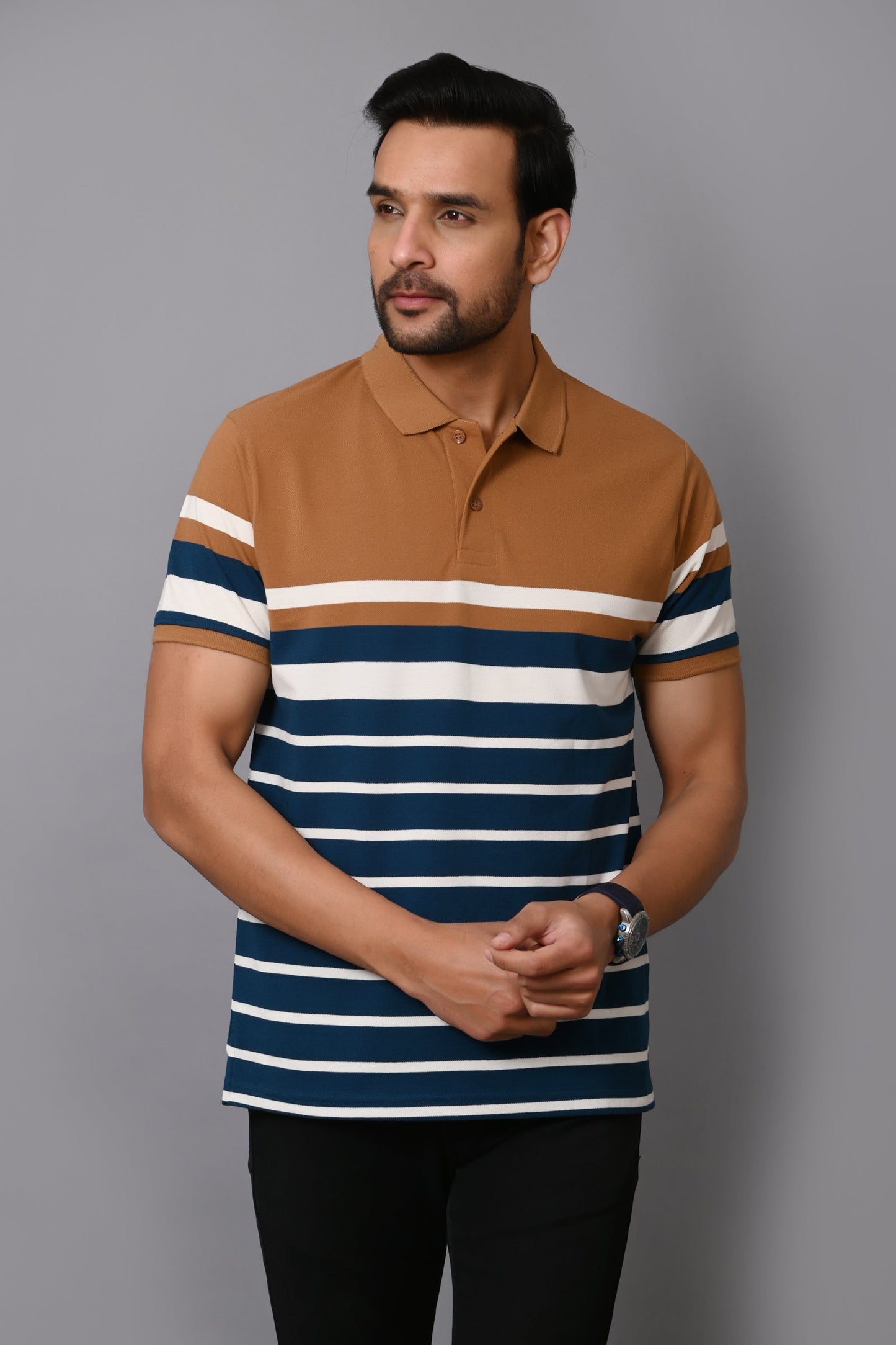 Arbour Men Stripes Polo Neck Cotton Blend Multicolour T-Shirt