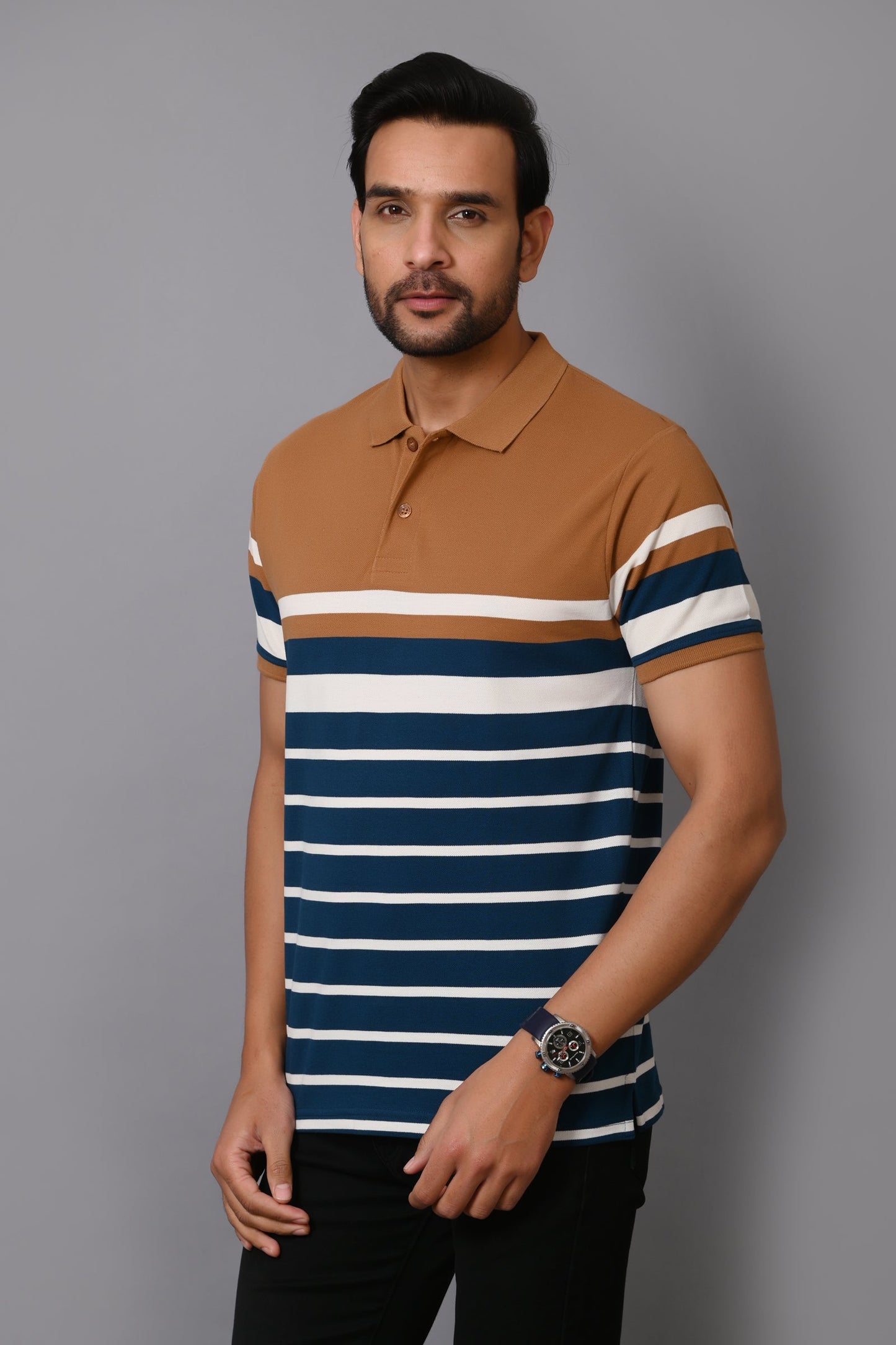 Arbour Men Stripes Polo Neck Cotton Blend Multicolour T-Shirt