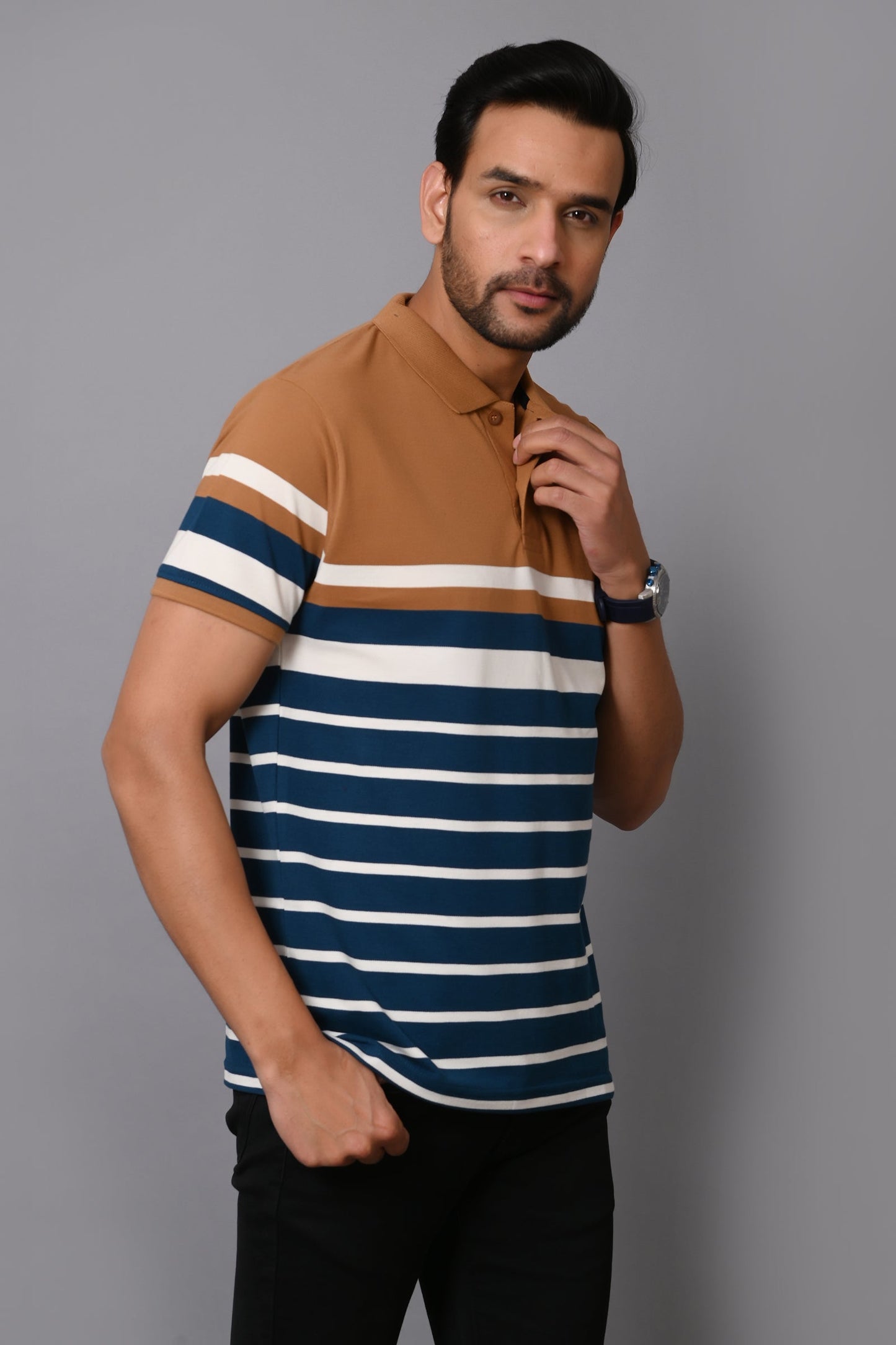 Arbour Men Stripes Polo Neck Cotton Blend Multicolour T-Shirt