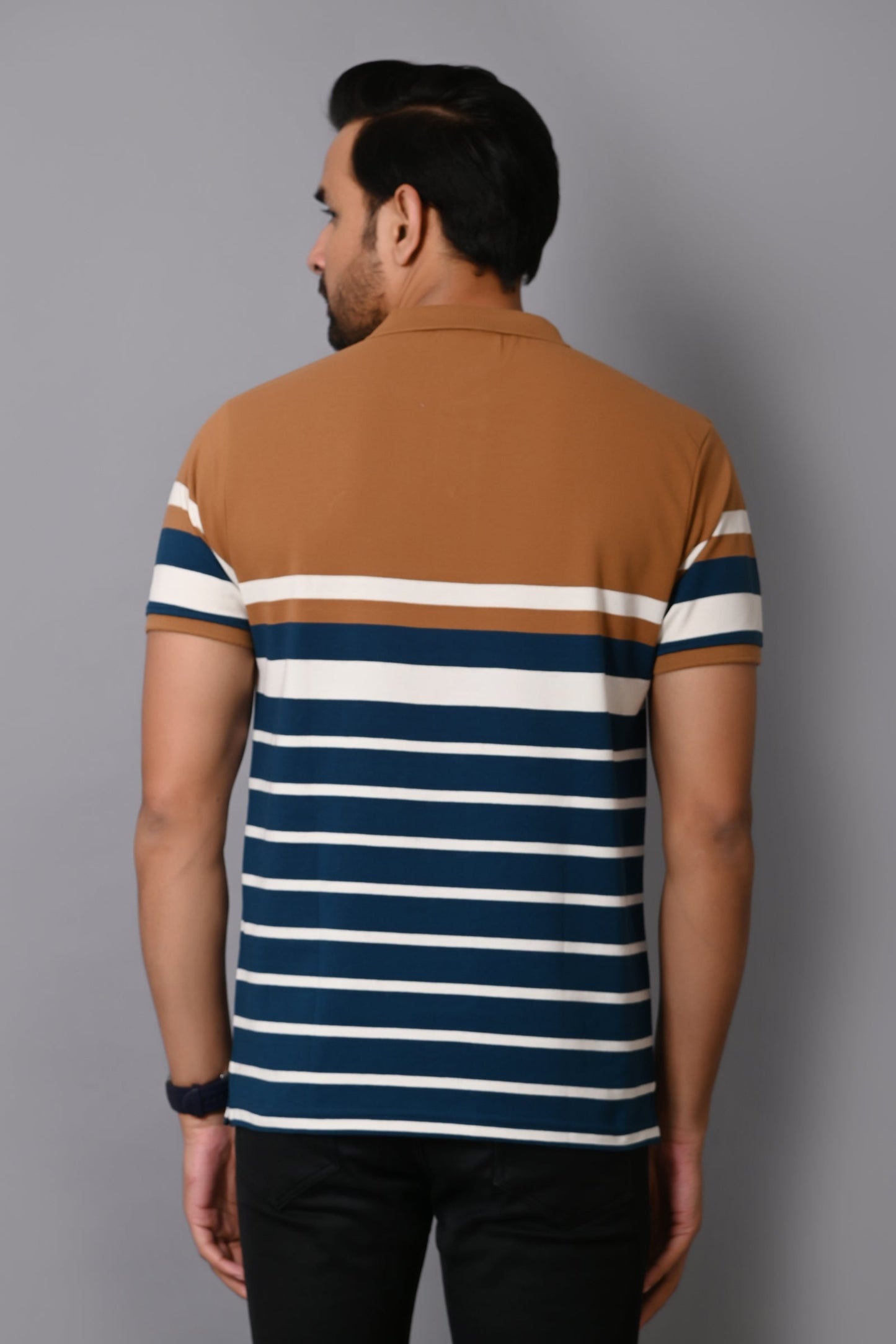 Arbour Men Stripes Polo Neck Cotton Blend Multicolour T-Shirt