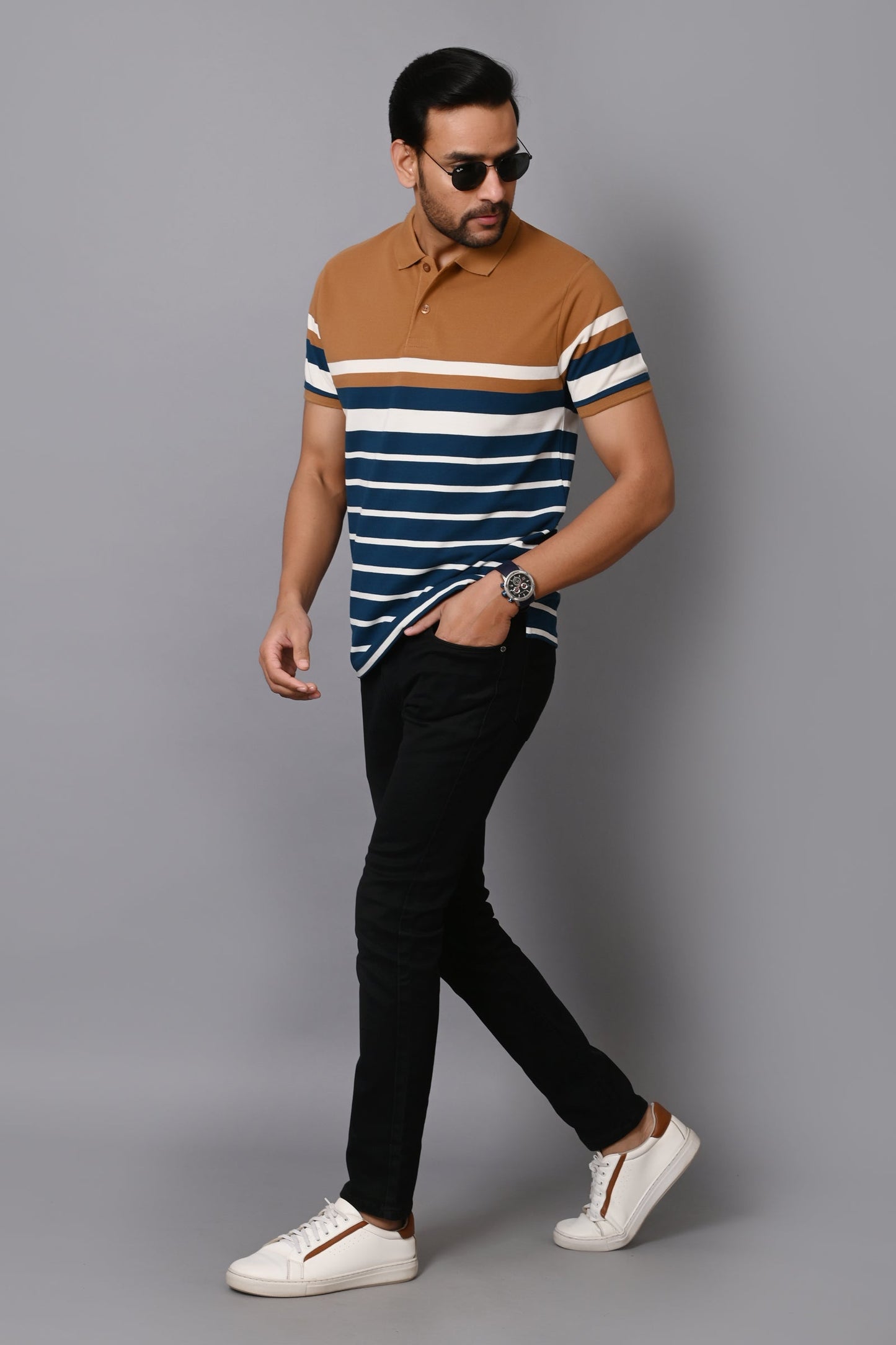 Arbour Men Stripes Polo Neck Cotton Blend Multicolour T-Shirt