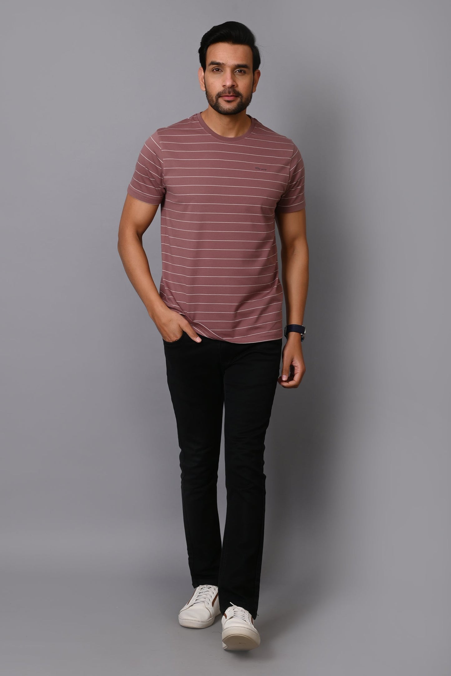 Arbour Men Round Neck Half Sleeves Stripes Slim Fit T-Shirt