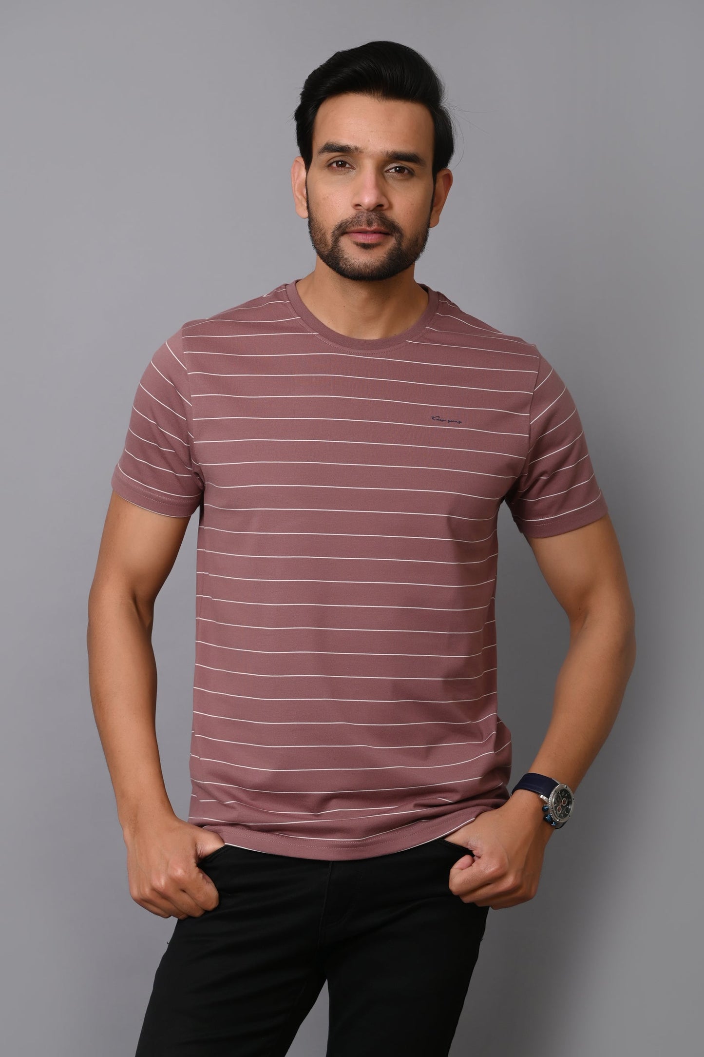 Arbour Men Round Neck Half Sleeves Stripes Slim Fit T-Shirt