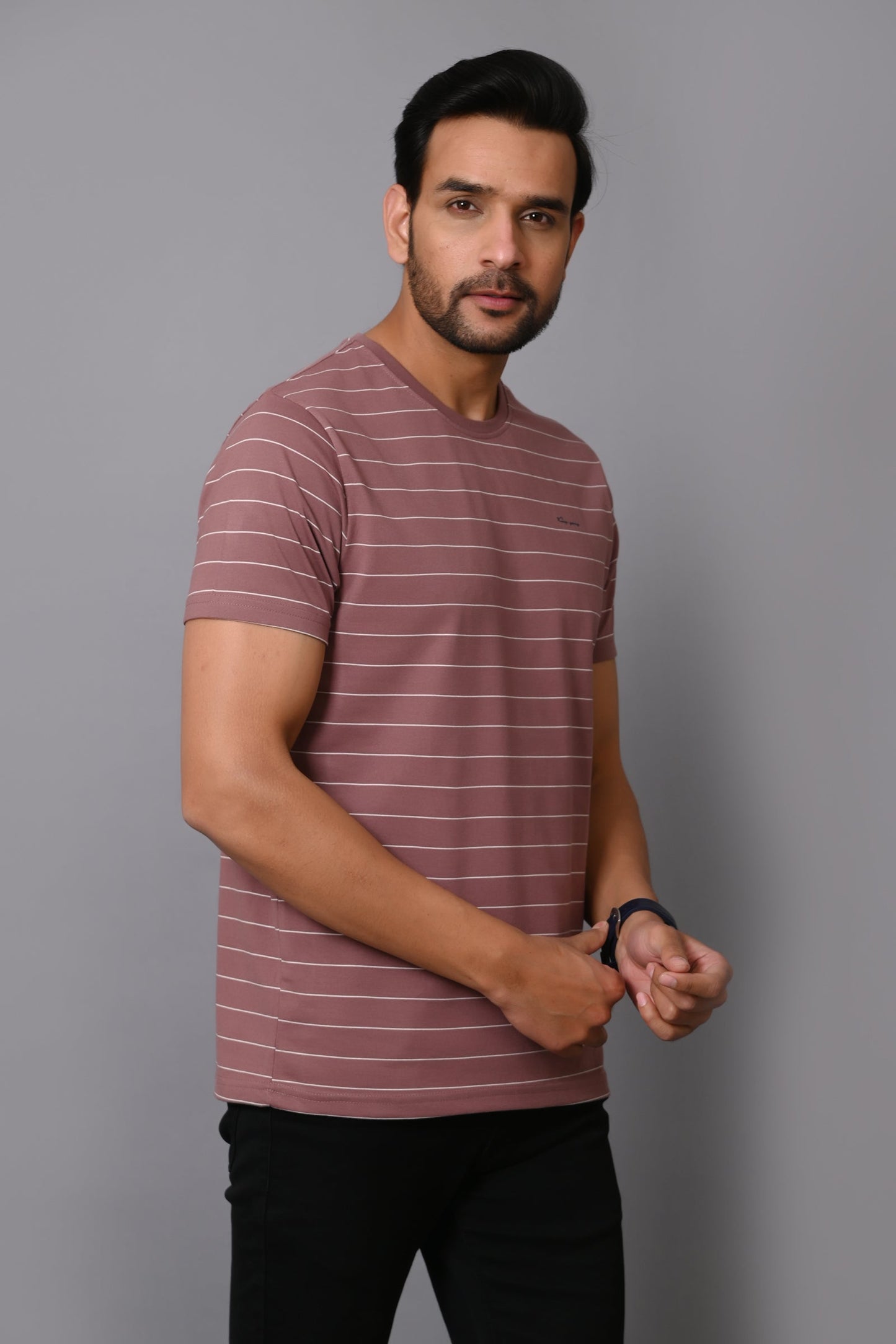 Arbour Men Round Neck Half Sleeves Stripes Slim Fit T-Shirt