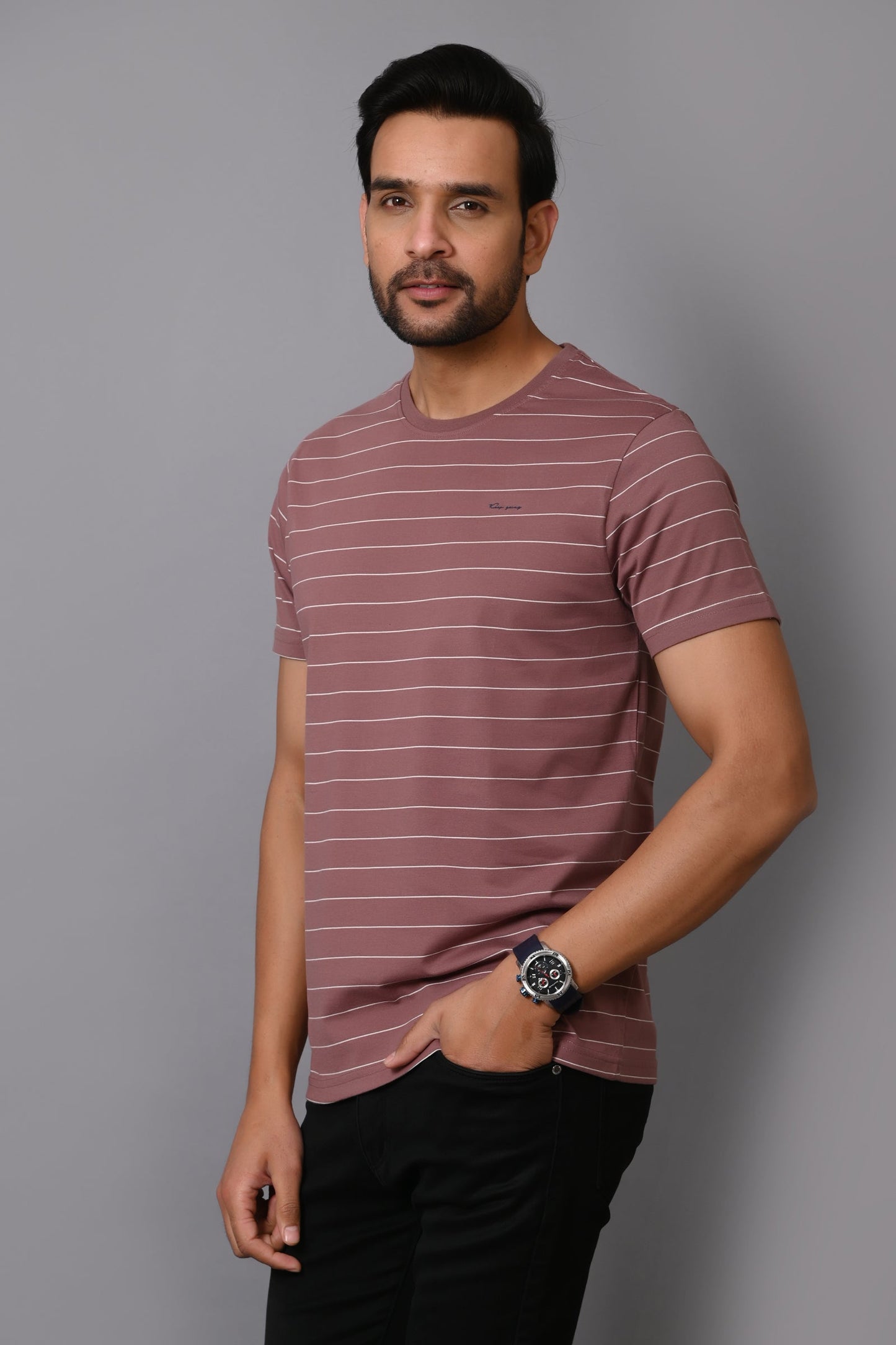 Arbour Men Round Neck Half Sleeves Stripes Slim Fit T-Shirt