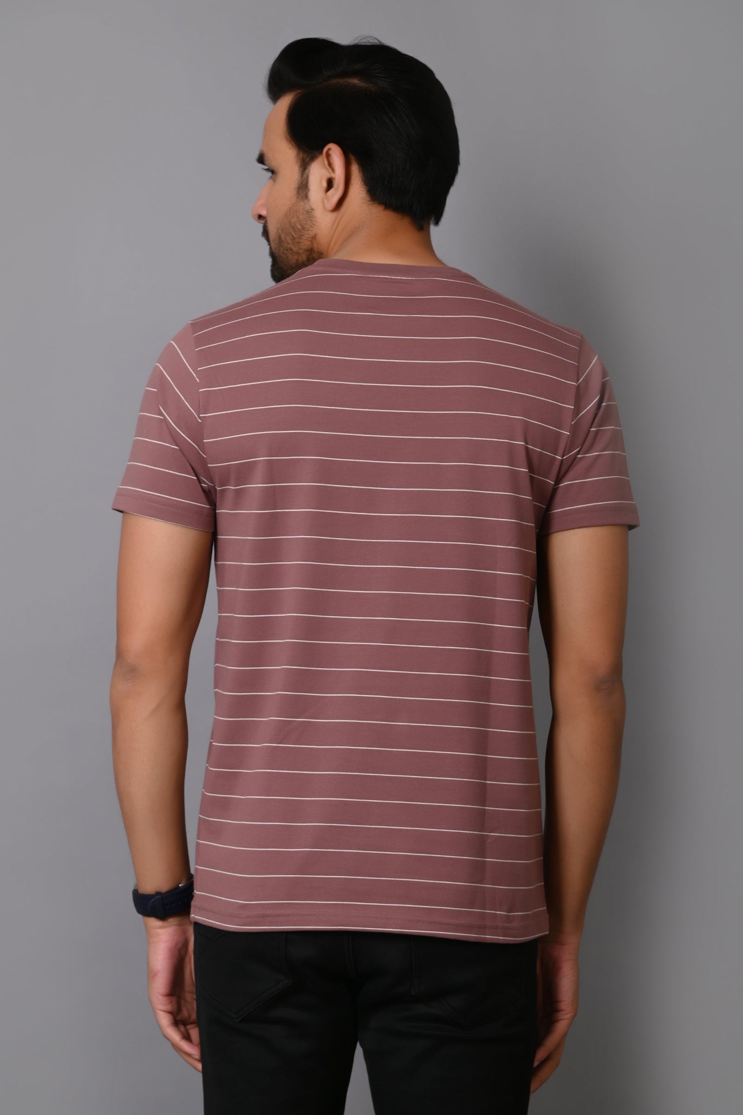 Arbour Men Round Neck Half Sleeves Stripes Slim Fit T-Shirt