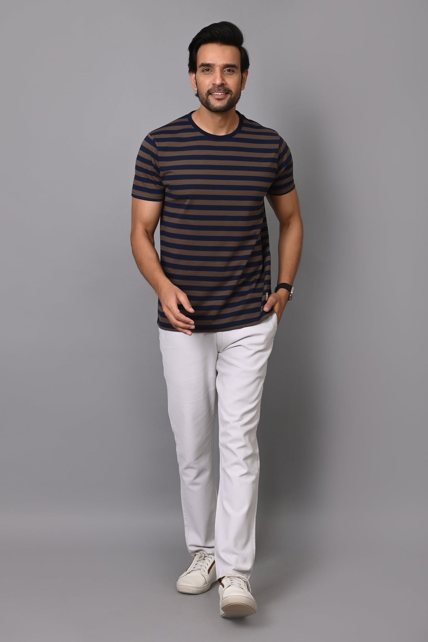 Arbour Men Round Neck Stripes Half Sleeves T-Shirt