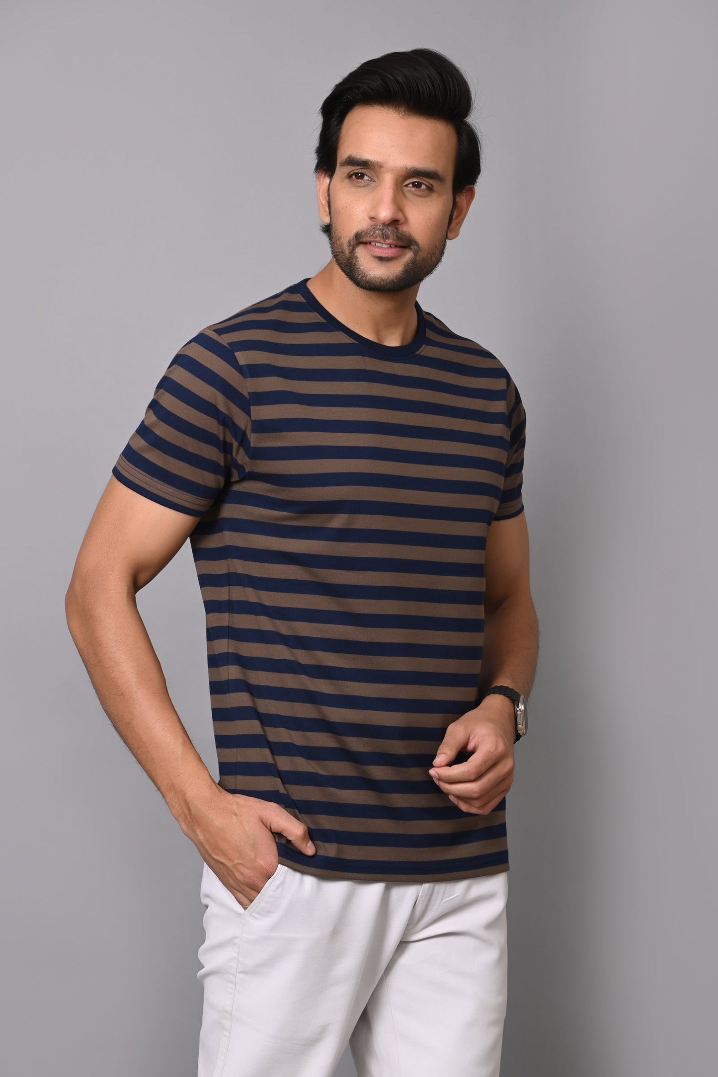 Arbour Men Round Neck Stripes Half Sleeves T-Shirt