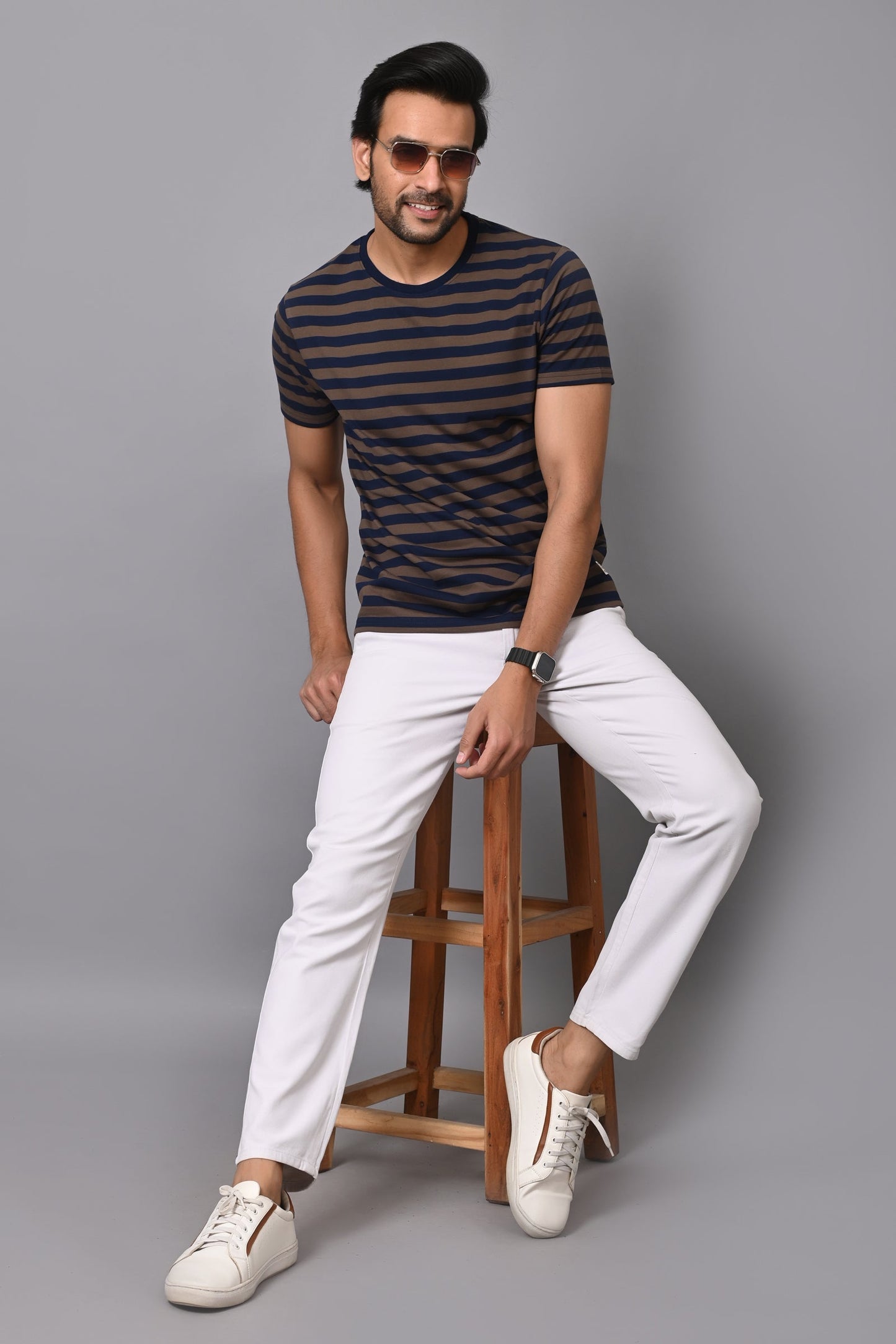 Arbour Men Round Neck Stripes Half Sleeves T-Shirt