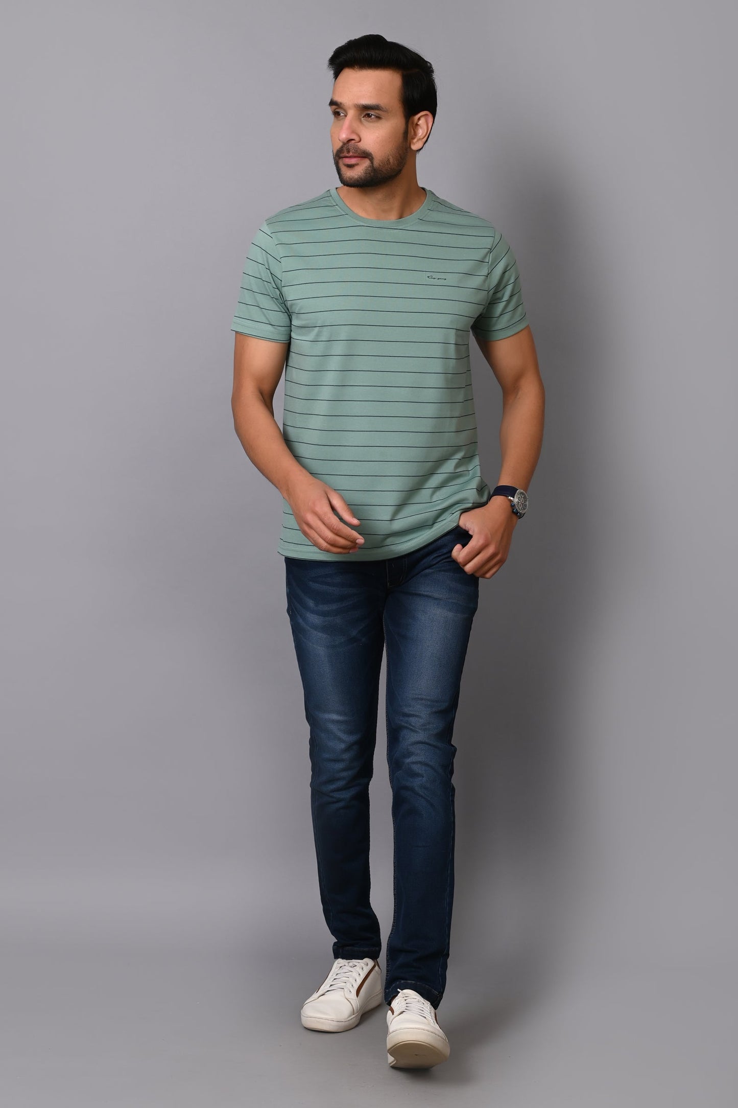 Arbour Men Round Neck Half Sleeves Stripes Slim Fit T-Shirt