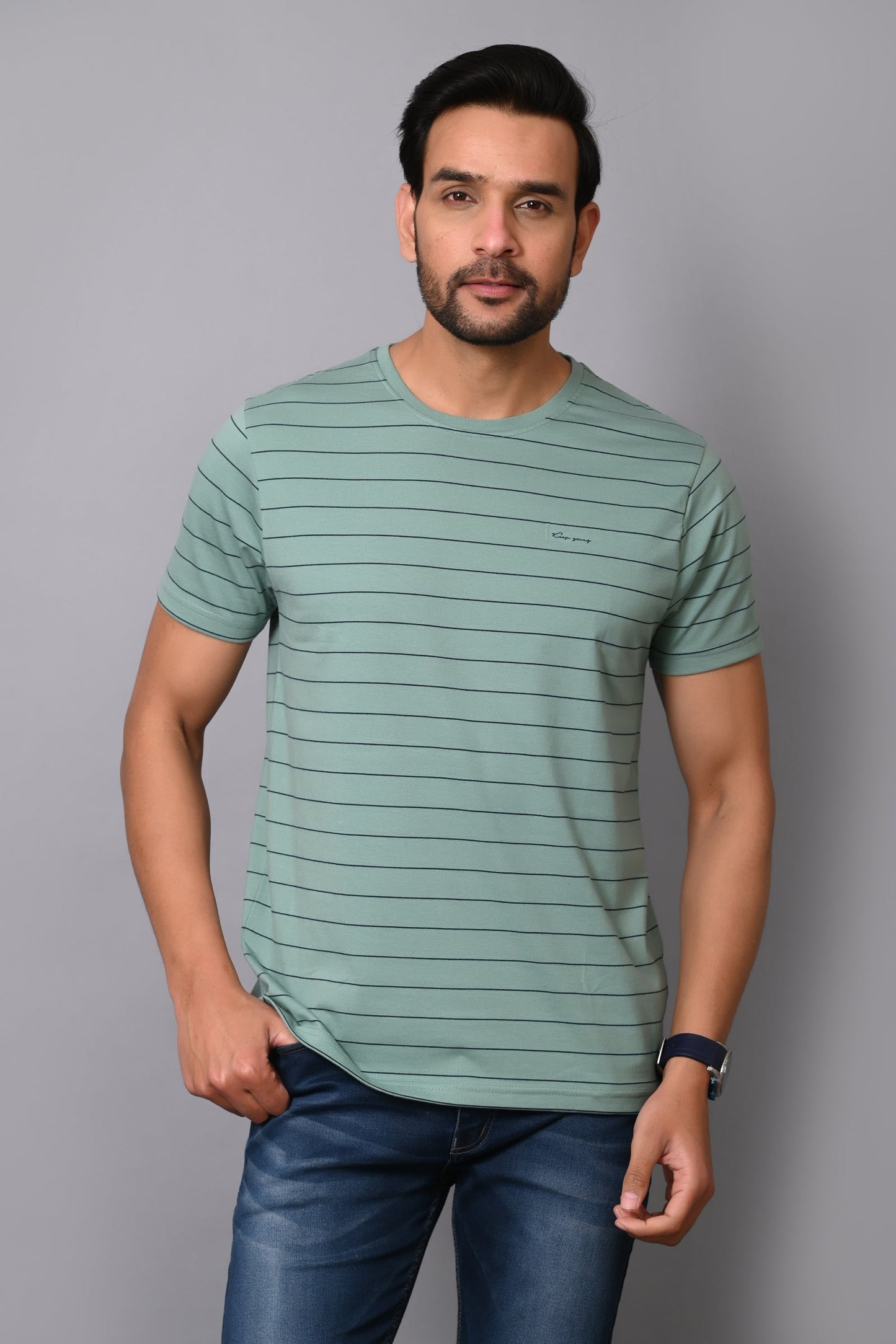 Arbour Men Round Neck Half Sleeves Stripes Slim Fit T-Shirt