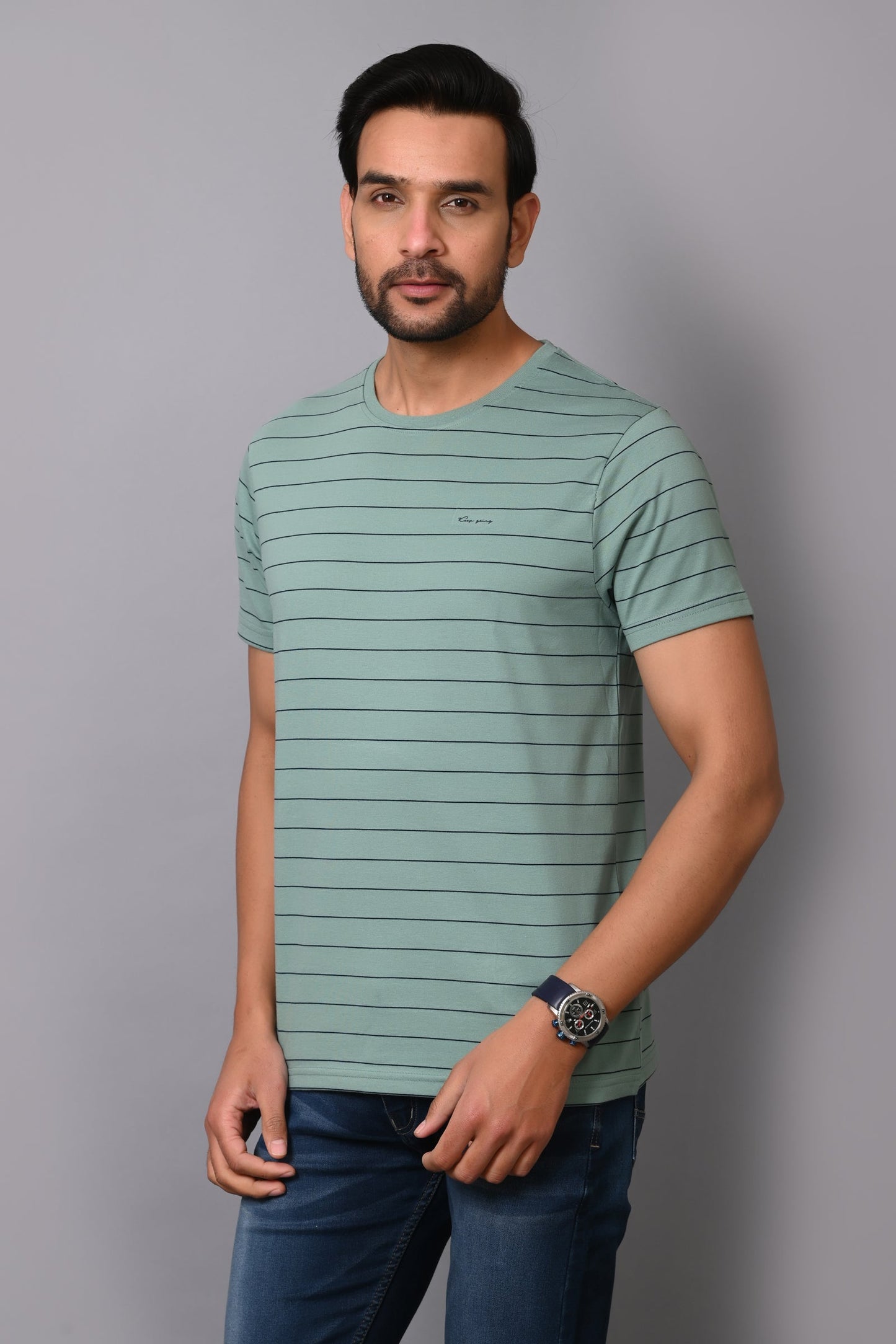 Arbour Men Round Neck Half Sleeves Stripes Slim Fit T-Shirt