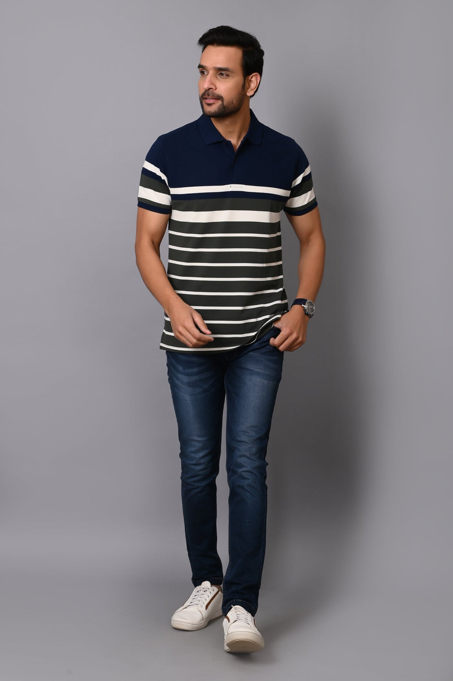 Arbour Men Stripes Polo Neck Cotton Blend Multicolour T-Shirt