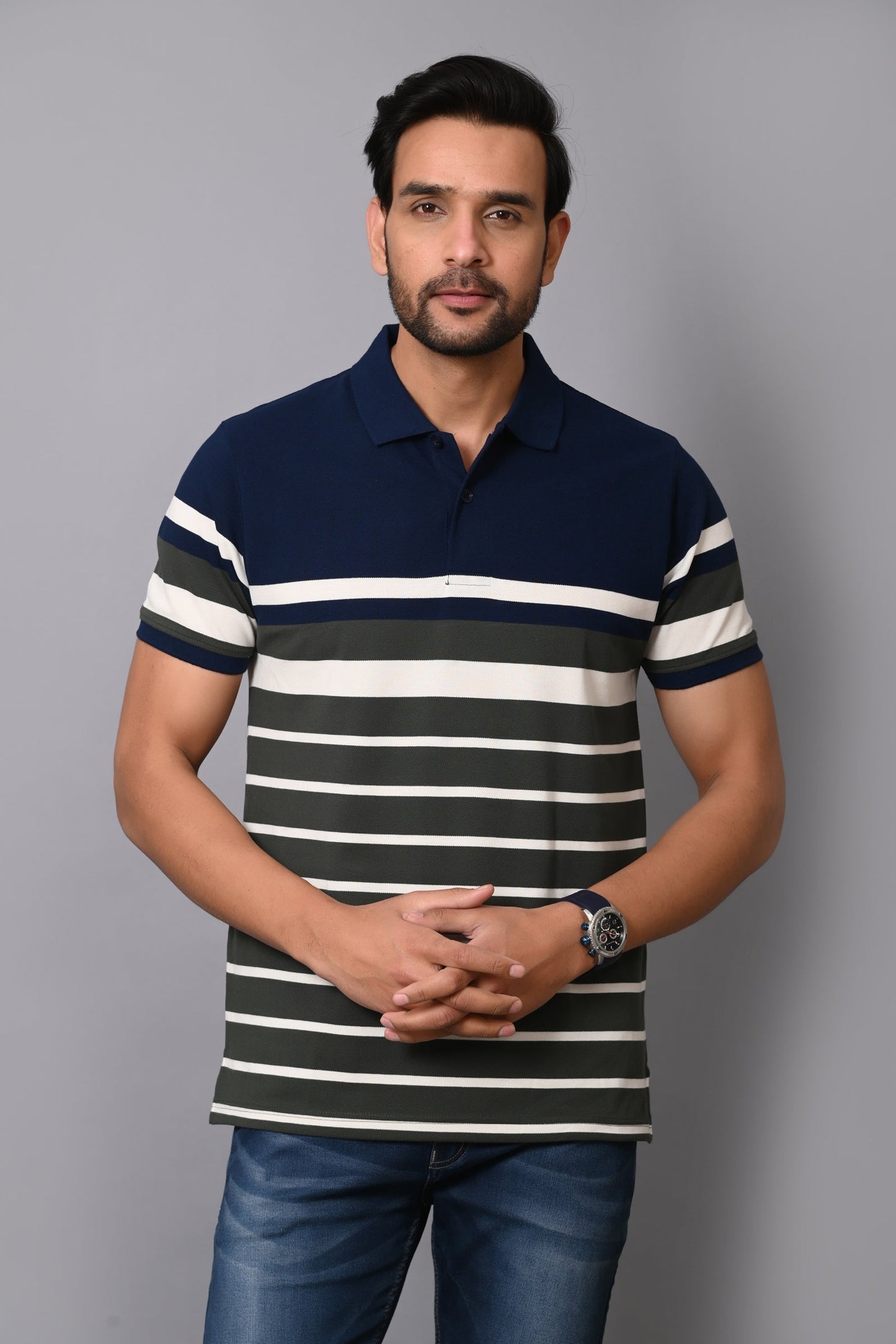 Arbour Men Stripes Polo Neck Cotton Blend Multicolour T-Shirt