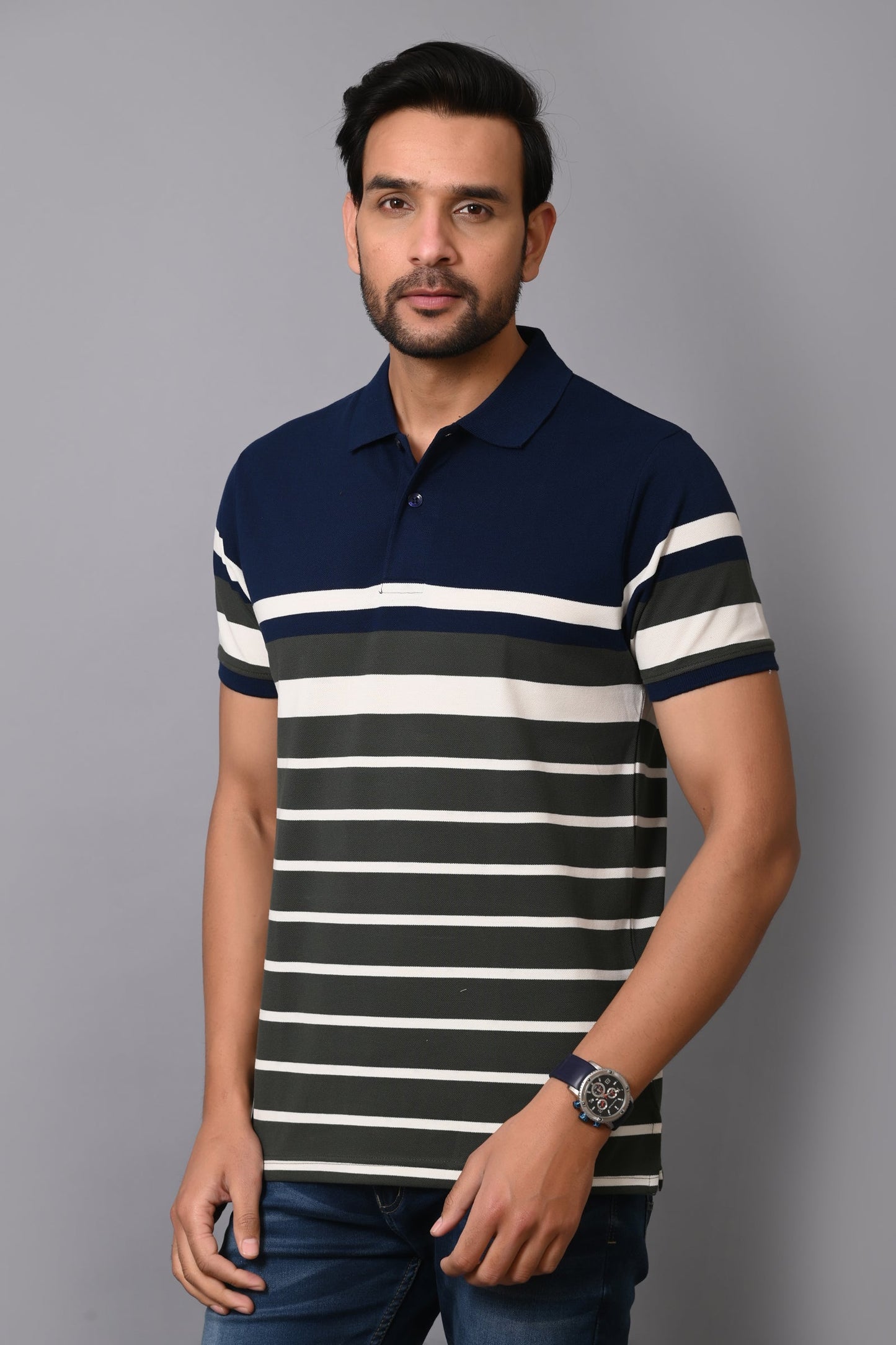 Arbour Men Stripes Polo Neck Cotton Blend Multicolour T-Shirt