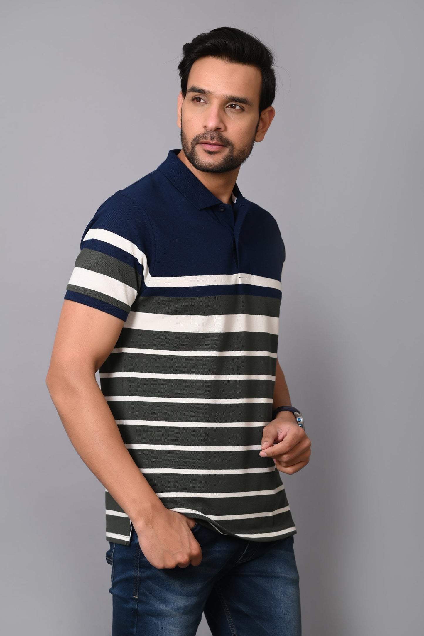 Arbour Men Stripes Polo Neck Cotton Blend Multicolour T-Shirt