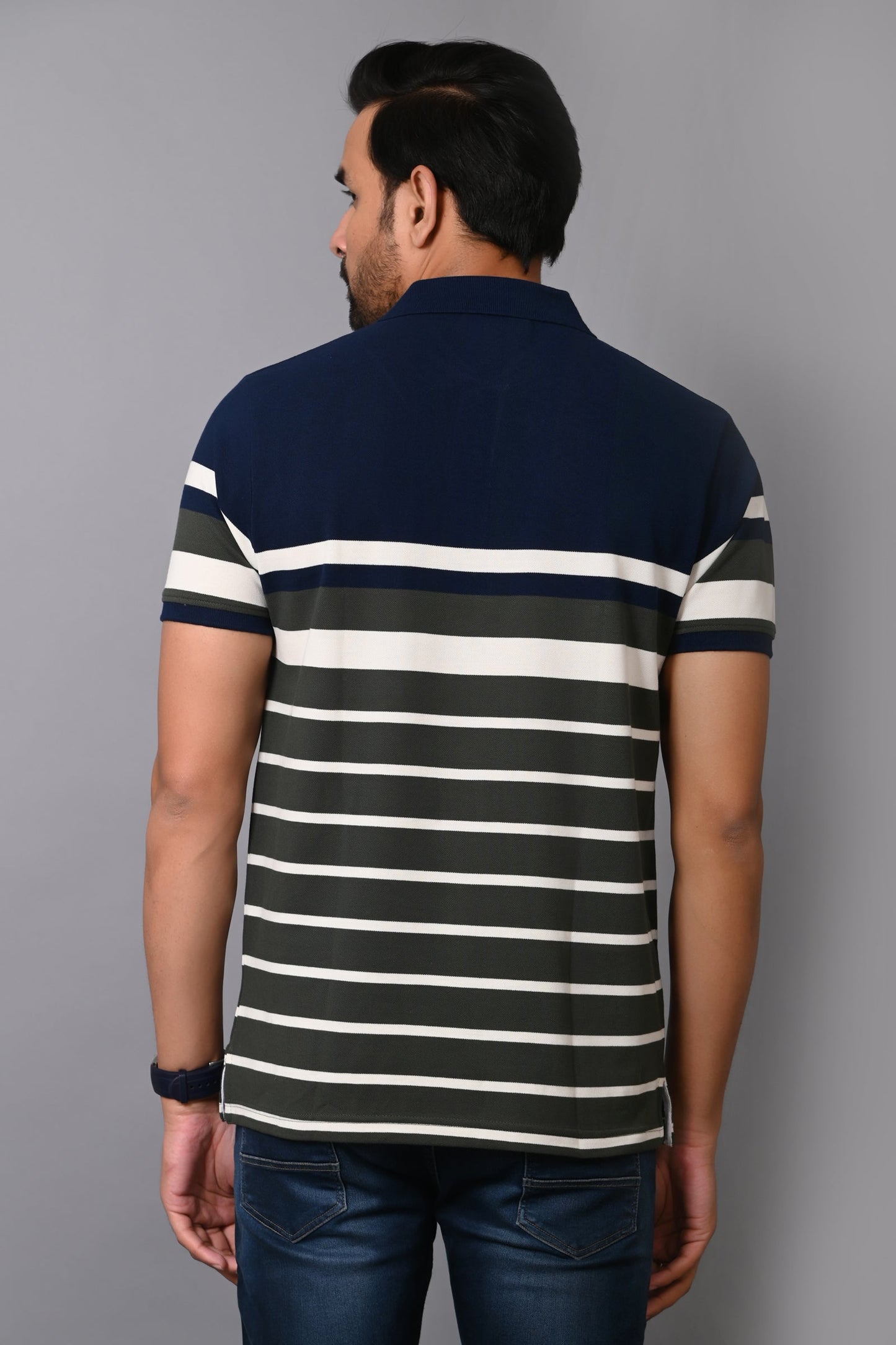 Arbour Men Stripes Polo Neck Cotton Blend Multicolour T-Shirt