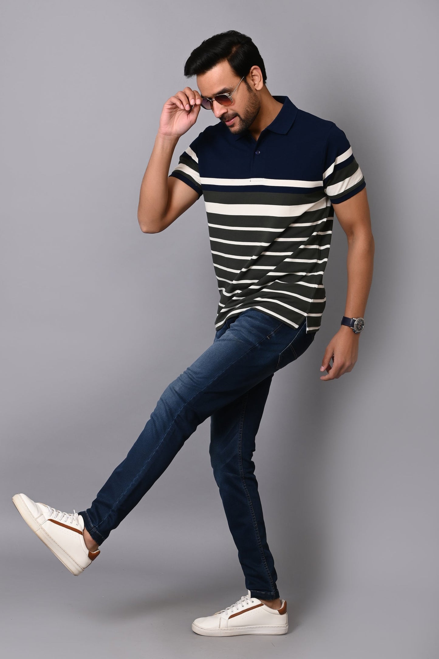 Arbour Men Stripes Polo Neck Cotton Blend Multicolour T-Shirt