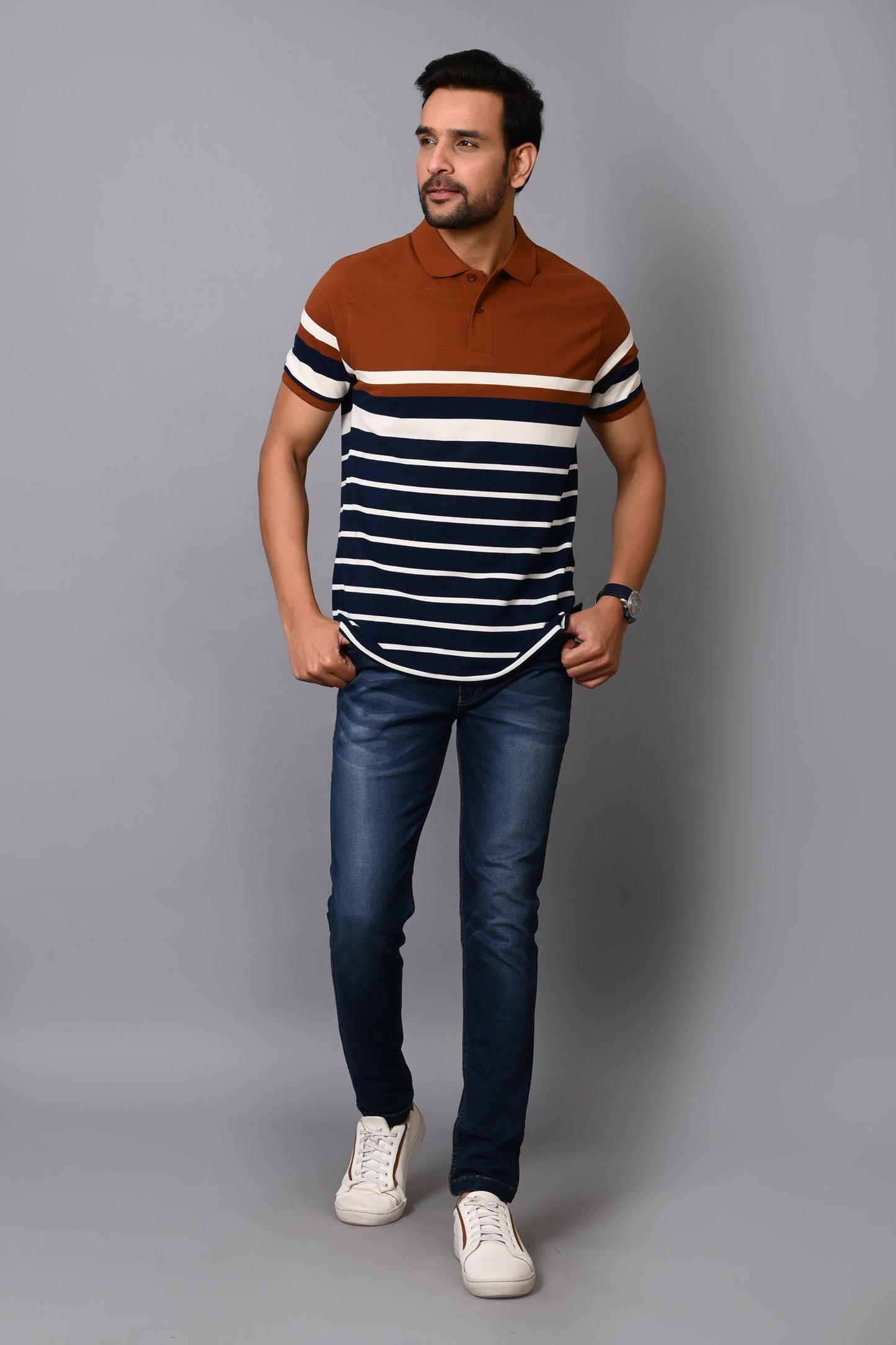 Arbour Men Stripes Polo Neck Cotton Blend Multicolour T-Shirt