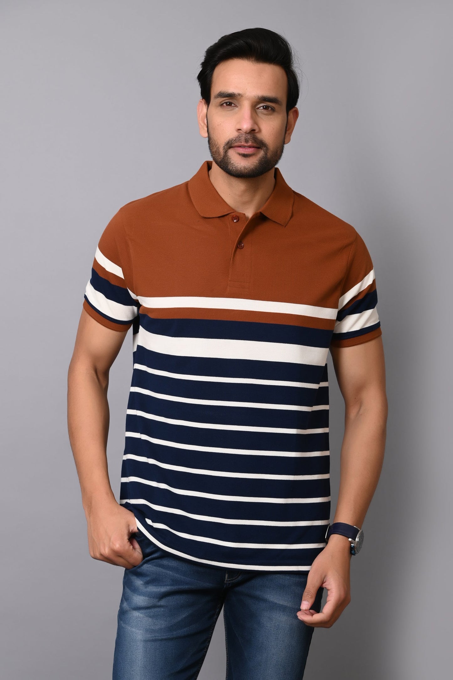 Arbour Men Stripes Polo Neck Cotton Blend Multicolour T-Shirt