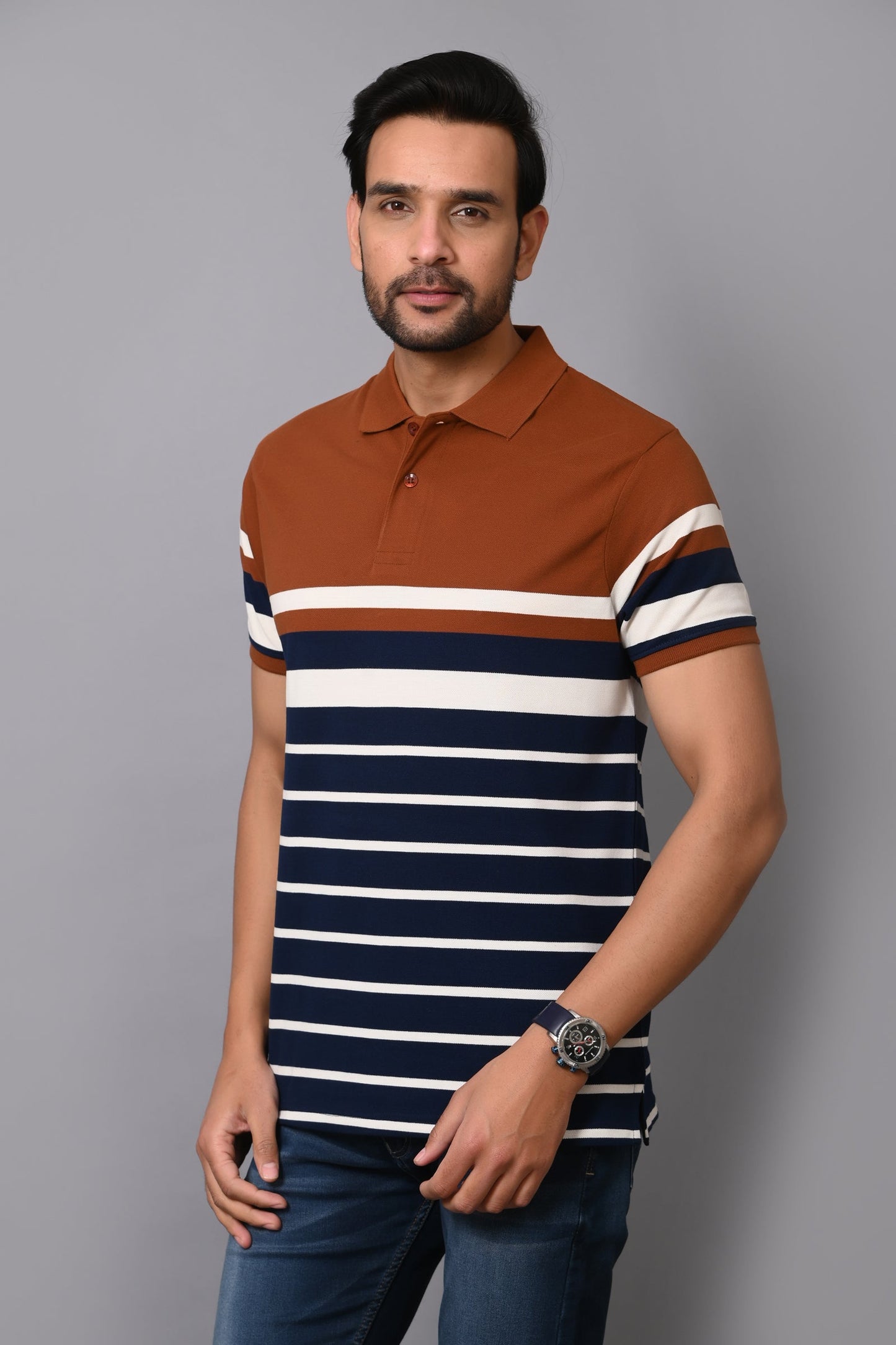 Arbour Men Stripes Polo Neck Cotton Blend Multicolour T-Shirt