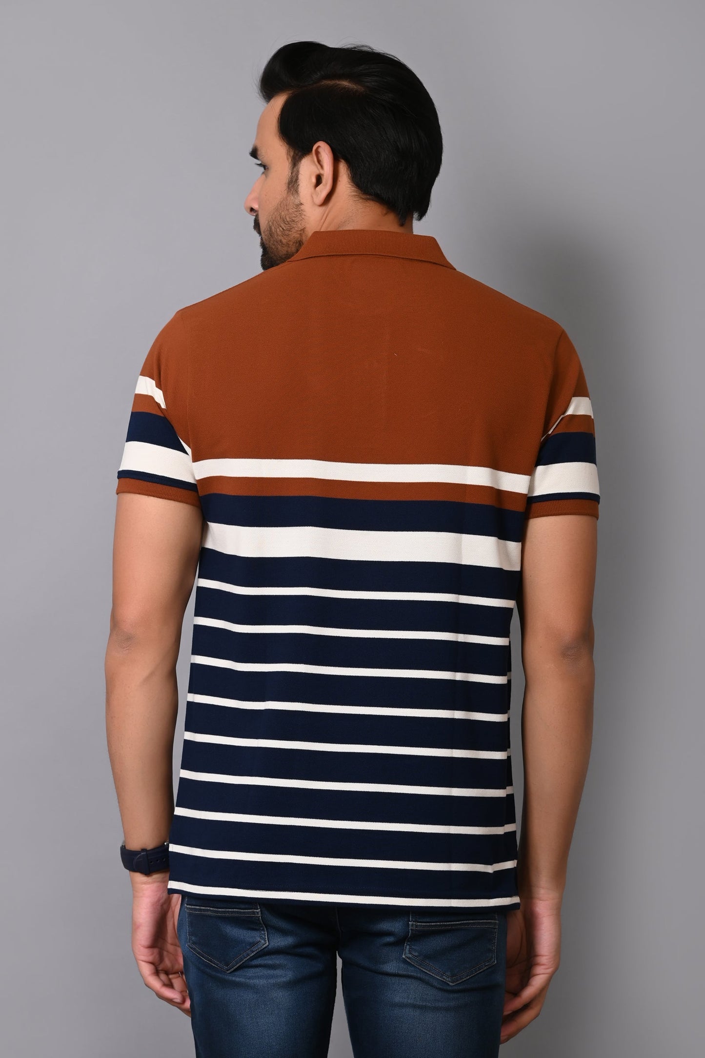 Arbour Men Stripes Polo Neck Cotton Blend Multicolour T-Shirt